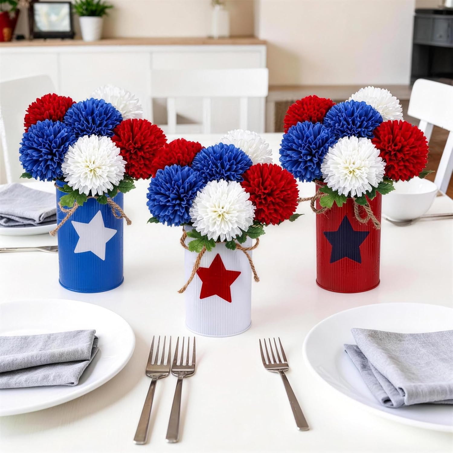 Zythrem 3 PCS Red White and Blue Artificial Chrysanthemu Flowers in Vase Patriotic Centerpieces for Tables 4th of July Table Centerpiece Decoration for Memorial Day Independence Day Office Home