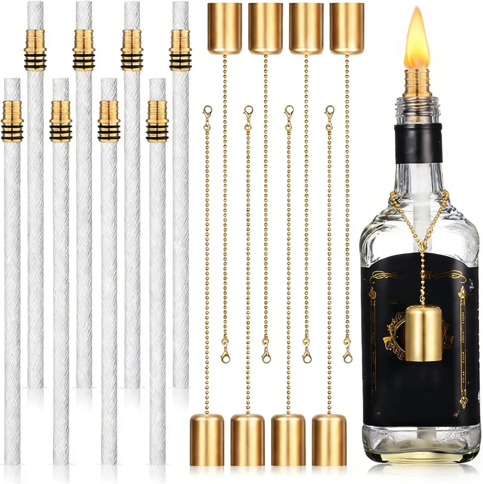 Wine Bottle Torch Kit, 8 Pack Bottle Lamp Kit, 13.8inch Long Life Torch Wicks Brass Torch Wick Holders Caps Wine Bottle Torch Wine Bottle Lights