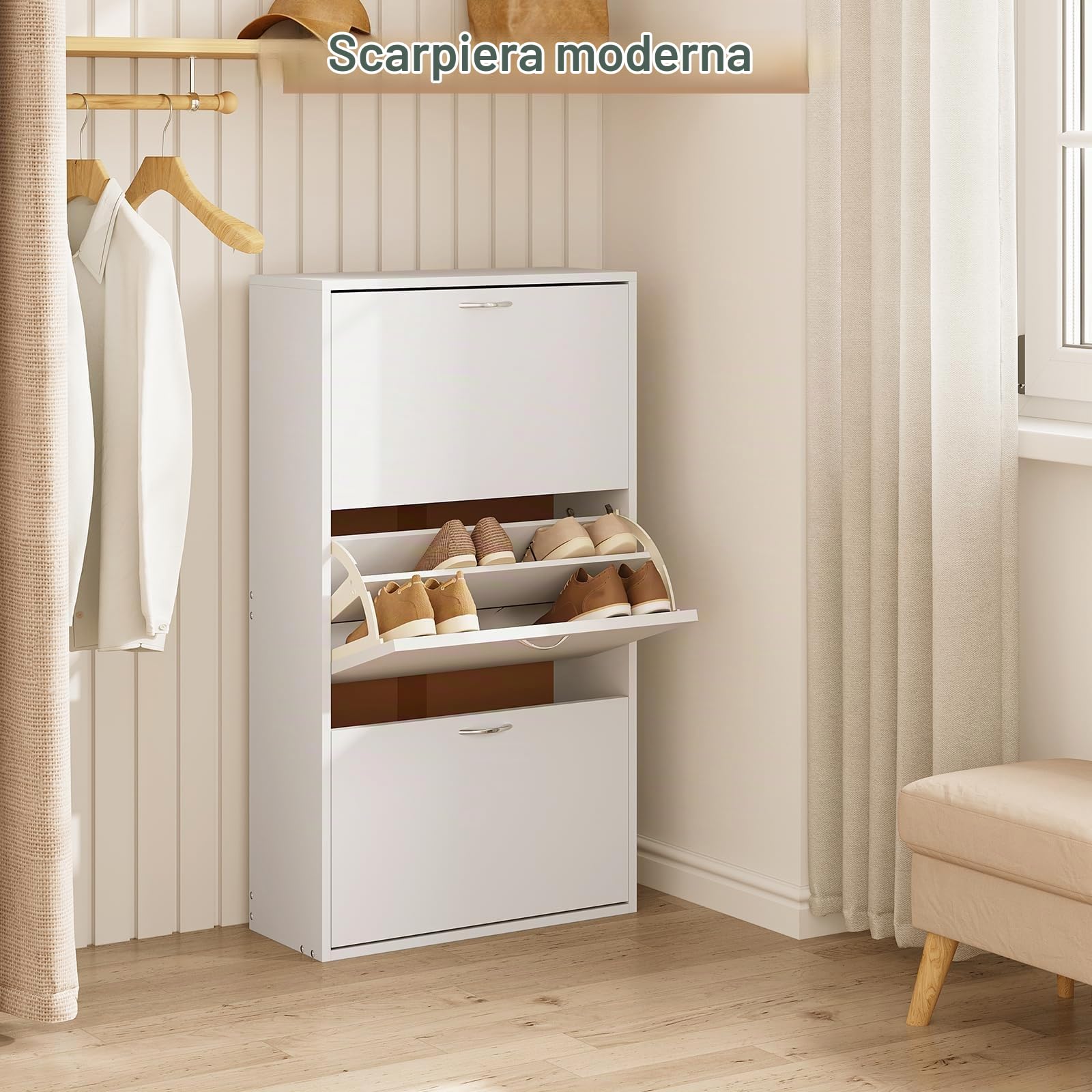 WOLTU Scarpiera Salvaspazio Slim e Alta, Porta Scarpe con 3 Ante a Ribalta, Organizer per Scarpe con Divisori Staccabili, Scarpiera Bianca in Legno per Ingresso, Corridoio