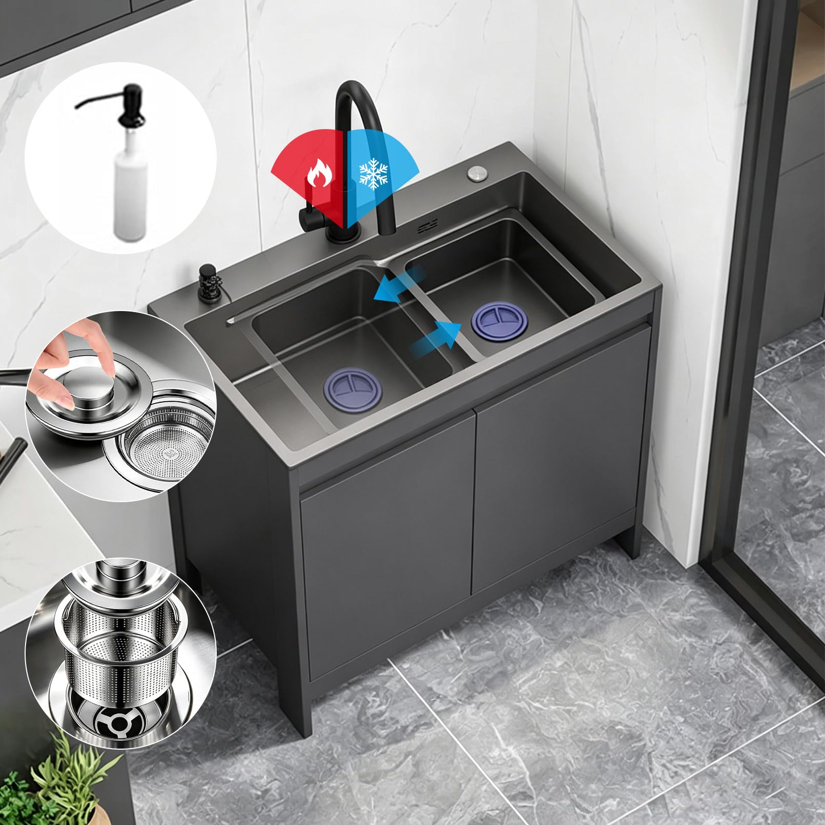 Fregadero Exterior para Jardín y Terraza con Mueble de Aluminio Impermeabile, Fregadero de Una Cubeta de Acero Inox Gris Antracita con Grifo, Dispensador y Tubo de Desagüe 68cm