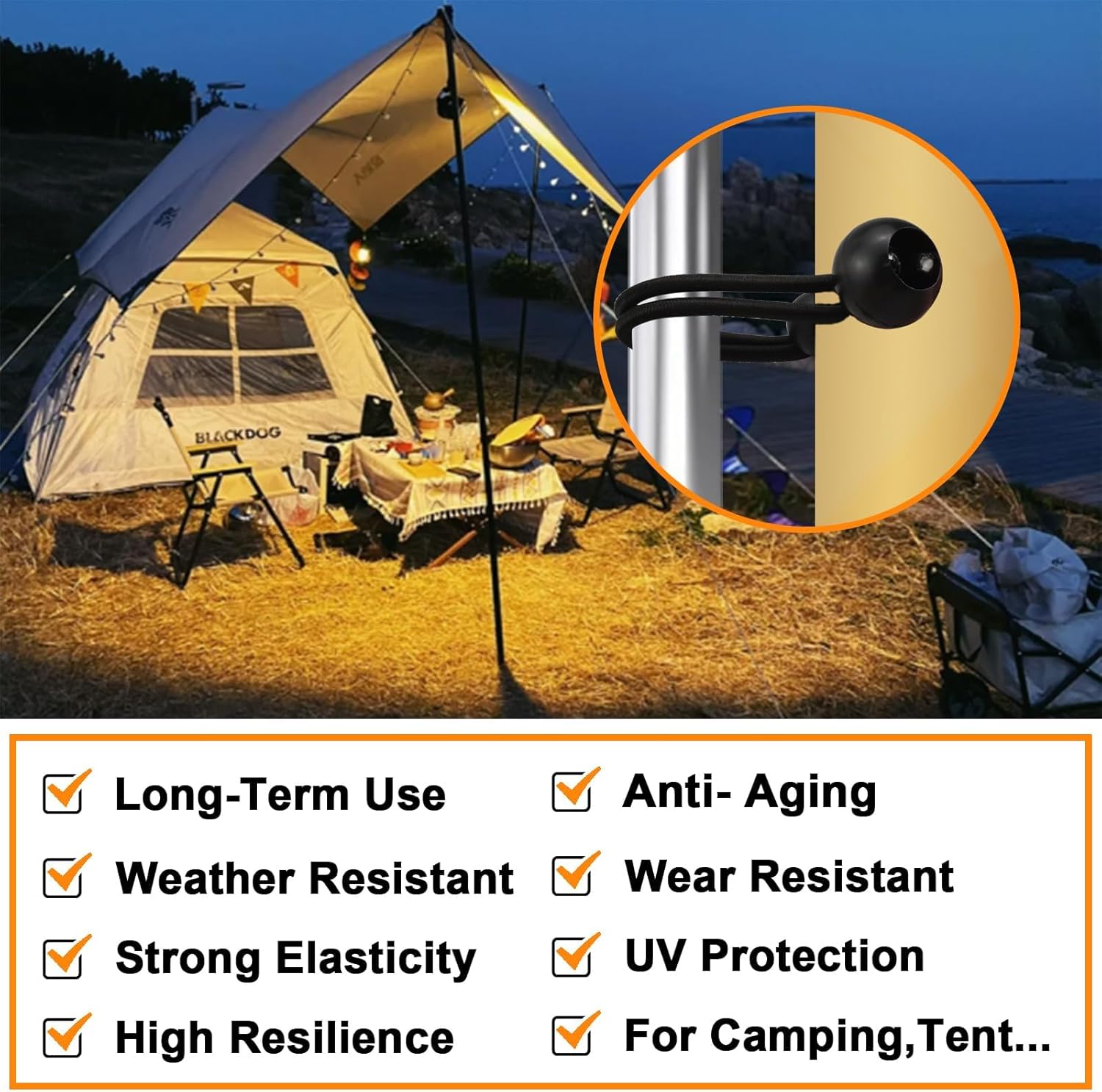 Universal Bungee Tie Downs, MARRTEUM Ball Bungee Cords Multipurpose Elastic String for Tents, Canopies, Tarp (12 Piece, Black)