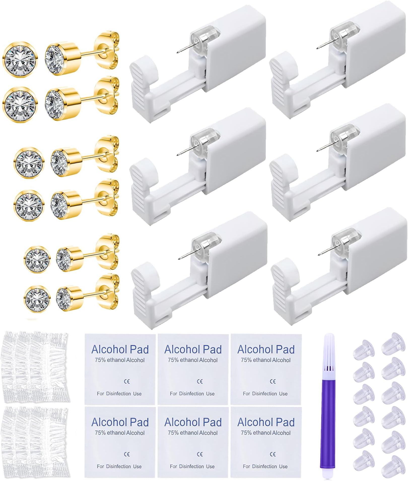VitaCool Ear Piercing Kit Disposable Ear Cartilage Piercing Gun Kit with Sterile CZ Studs Easy and Safe Earring Self for Yourself Use at Home(Gold Round CZ Pattern 432mm)