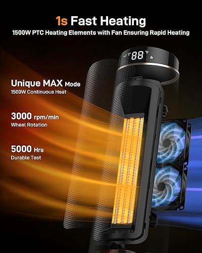 Miniatura 8 de Garvee Calentador de espacio de 33 pulgadas para habitaciones grandes, calentador de cerámica PTC de 1500 W con efecto de llama 3D, calienta 200