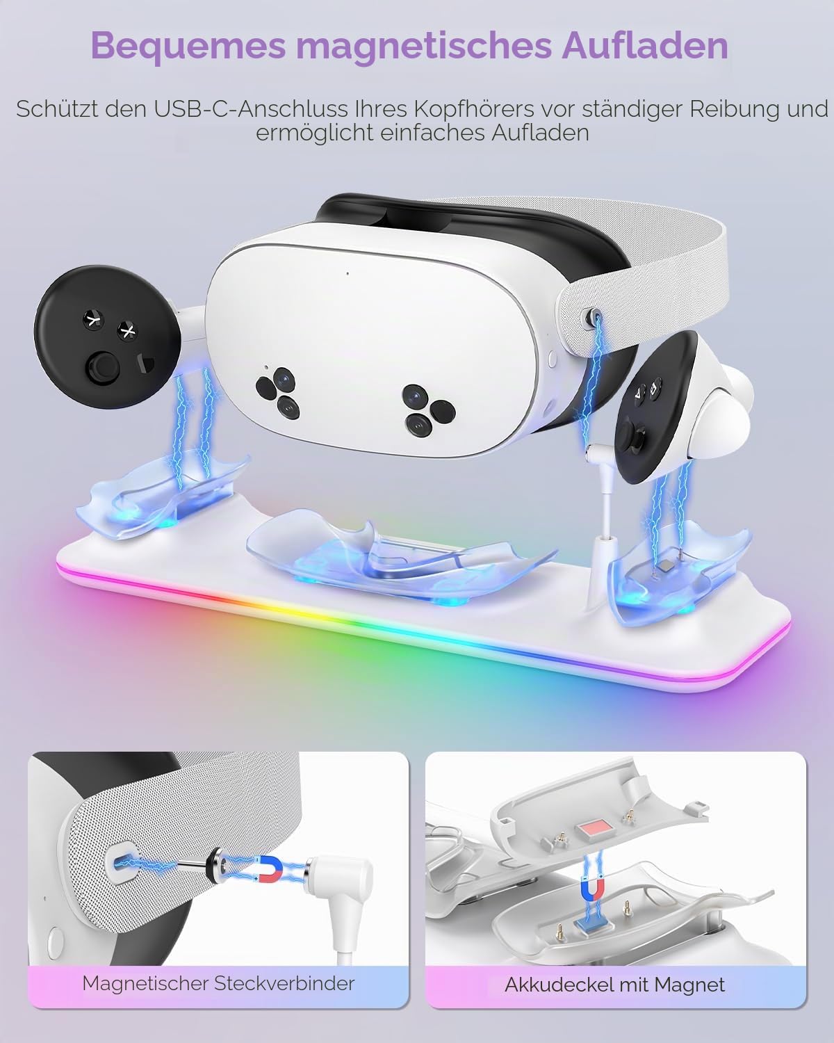 Ladestation für Meta Quest 3S/3, Kinwin Magnetische Ladestation für Oculus Quest 3S/3 Zubehör mit RGB Licht, Ladeständer für VR Headset und Controller mit 2 wiederaufladbaren Akkus