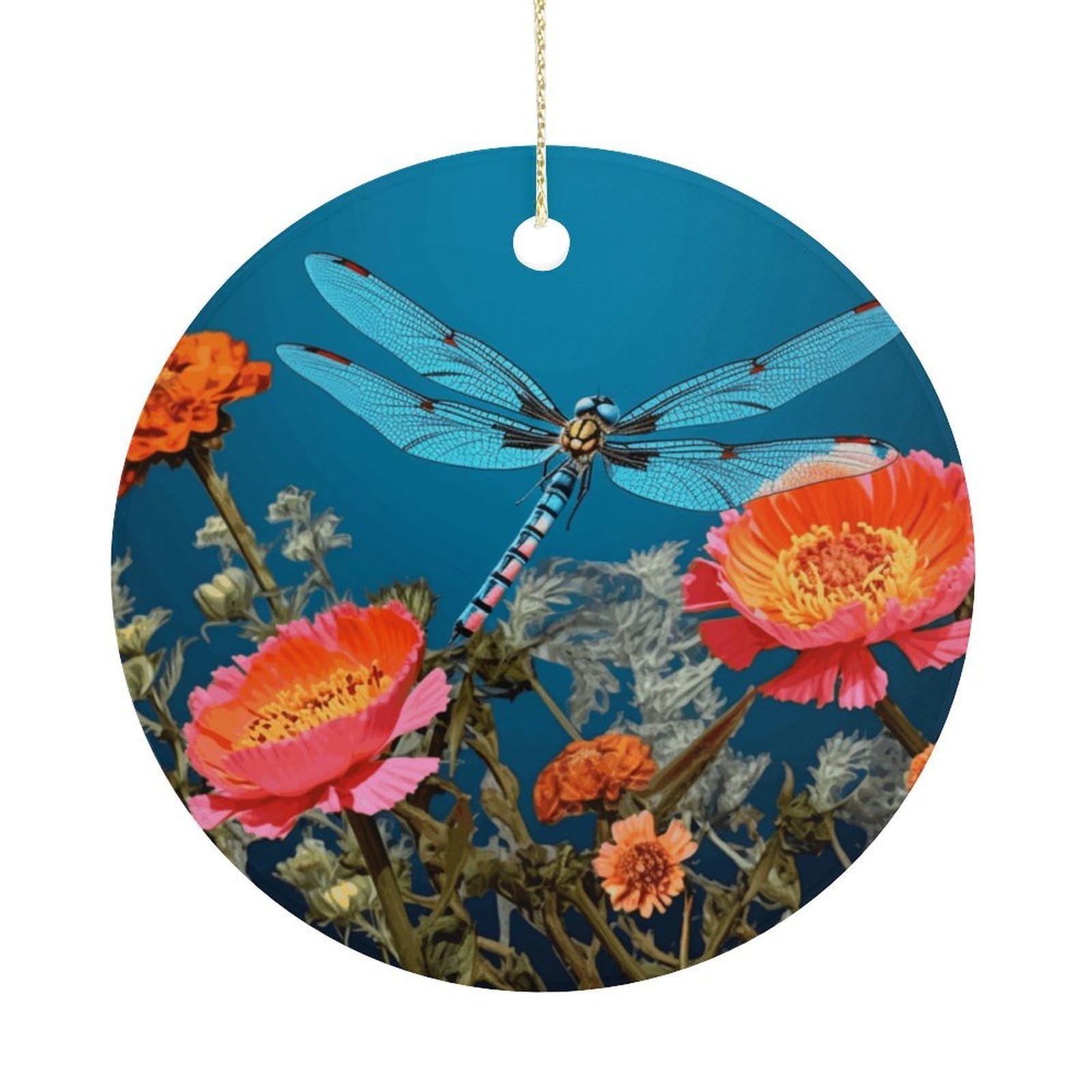 Dragonfly and Flower Christmas Ornaments Colorful Round Ceramic Ornament Christmas Hanging Decor Christmas Tree Decorations Xmas Keepsake for Women Men Xmas Holiday Party