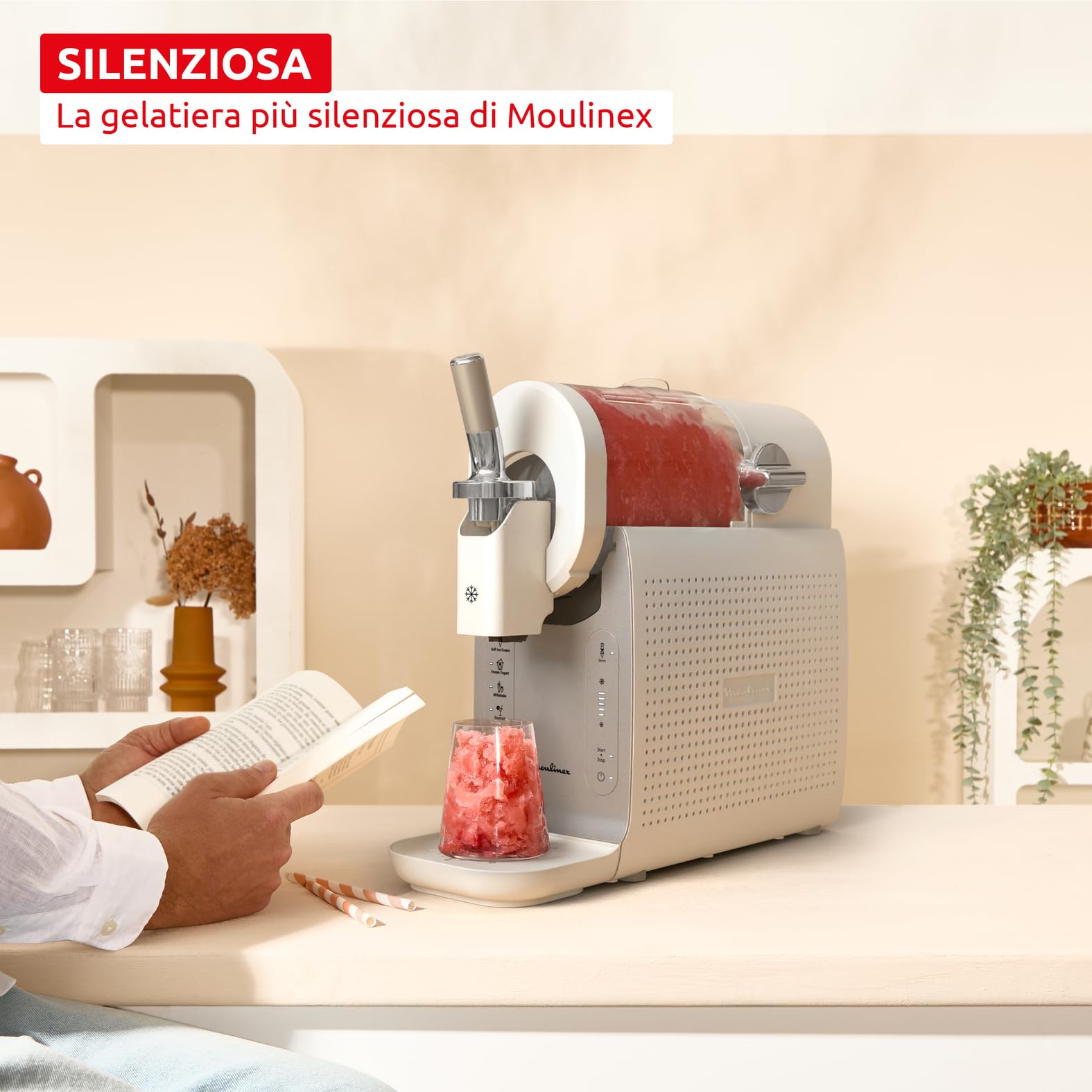 Moulinex Freezi, Gelatiera e Macchina Bevande Ghiacciate 16-in-1, per Preparare Gelati, Sorbetti, Granite, Frozen Yogurt, 5 Programmi, 200W, Colore Argento Premium, MJ803A