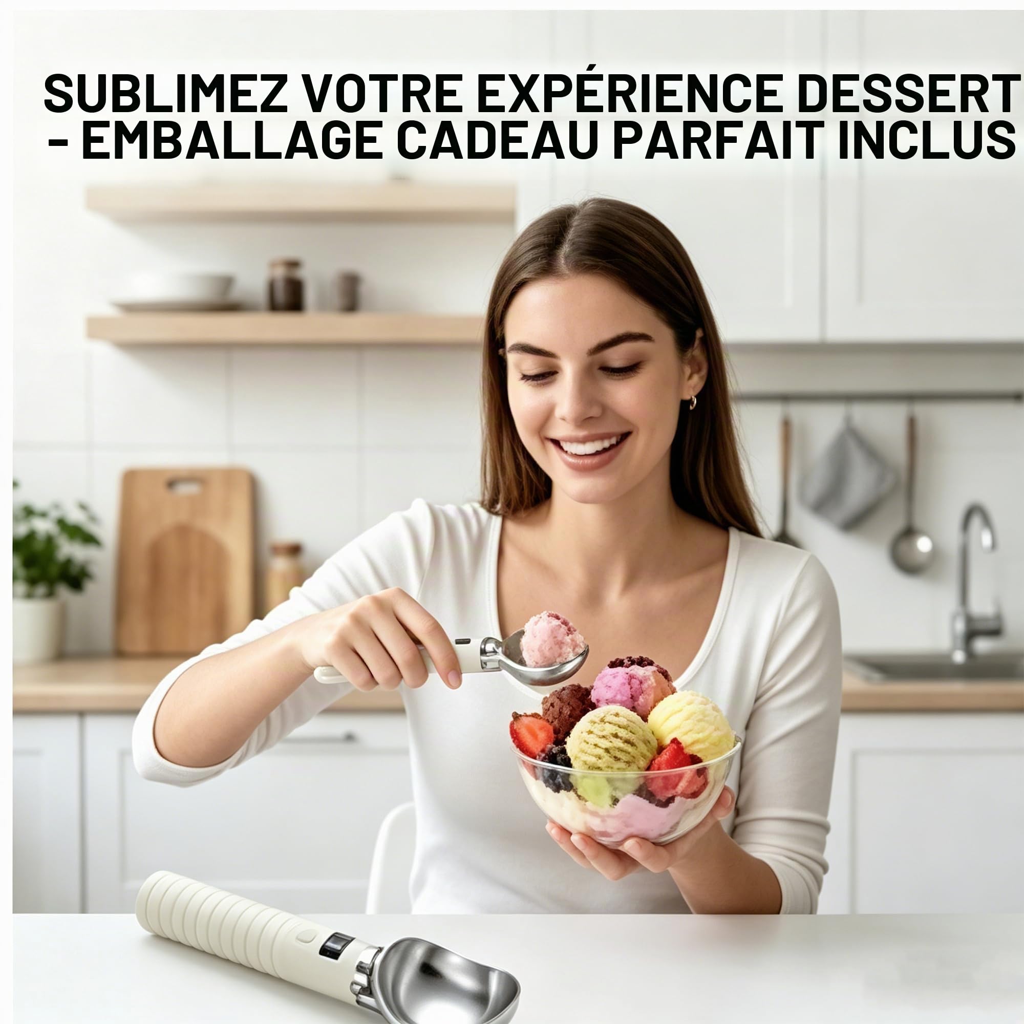 Cuillère à Glace Chauffante Rechargeable Écran LED Alliage Zinc | 2 niveaux de température, étanche IP67, alliage zinc alimentaire, charge USB-C, arrêt auto, adapté glace sorbet yaourt glacé
