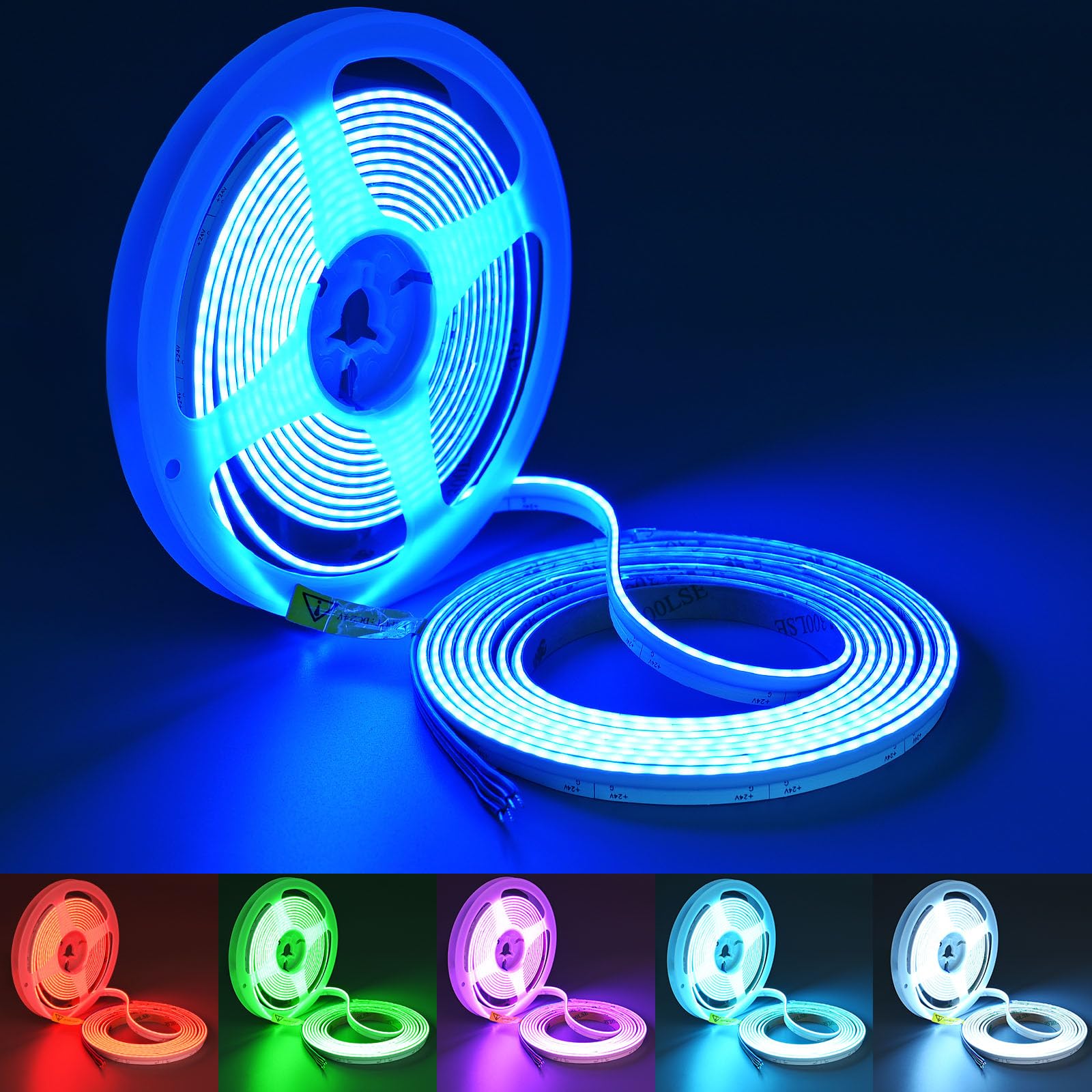 Topai Rgb Side Emitting 24V Cob Led Strip Lights 630 Leds/M, 5M Flexible Tape Light With Self Adhesive Backing, 8Mm Width For Bedroom, Tv Backlight, Kitchen, Party Decor