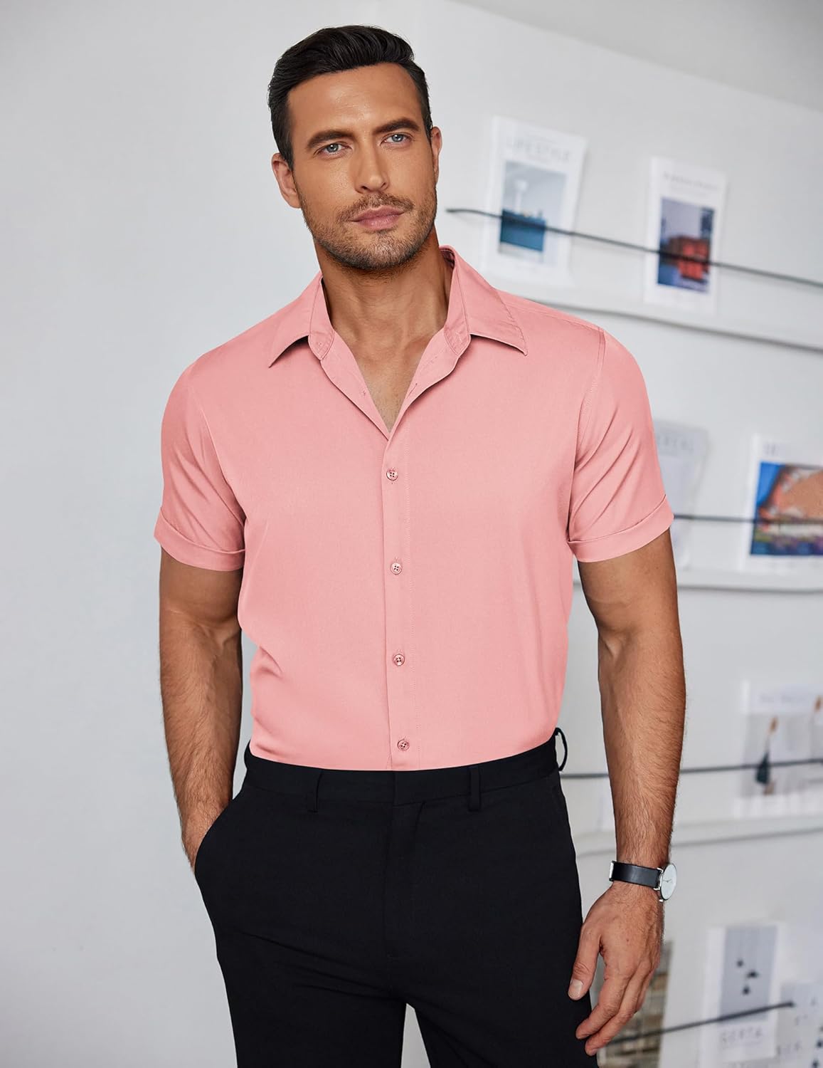 COOFANDY Mens Dress Shirts Short Sleeve Regular Fit Lightweight Untucked Button Down Shirt - Image 2