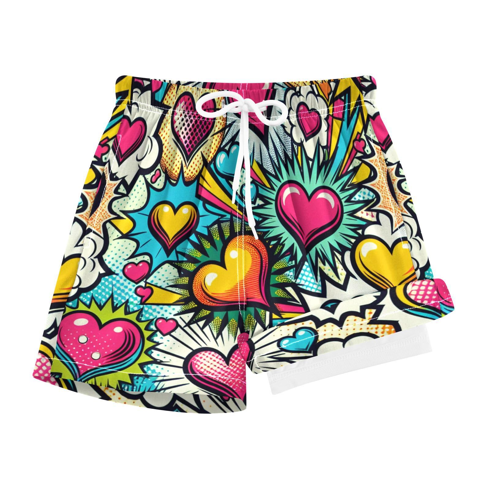 YANENDIE Boy Swim Trunks with Compression Liner Hearts Boys Swim Shorts Quick Dry Beach Shorts