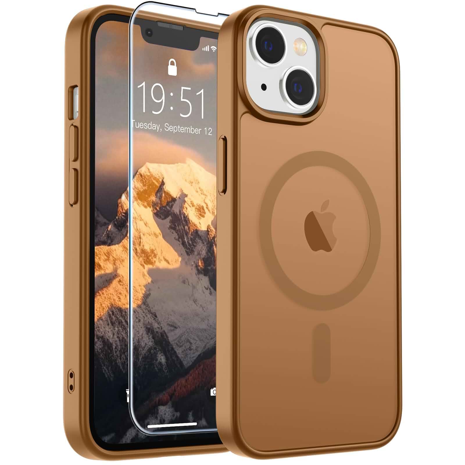 SUPFINE Magnetic for iPhone 13 Case/iPhone 14 Case Brown With Screen Protector, Translucent Matte, Compatible with MagSafe, Military Grade Drop Proof, Rugged Shockproof Protective