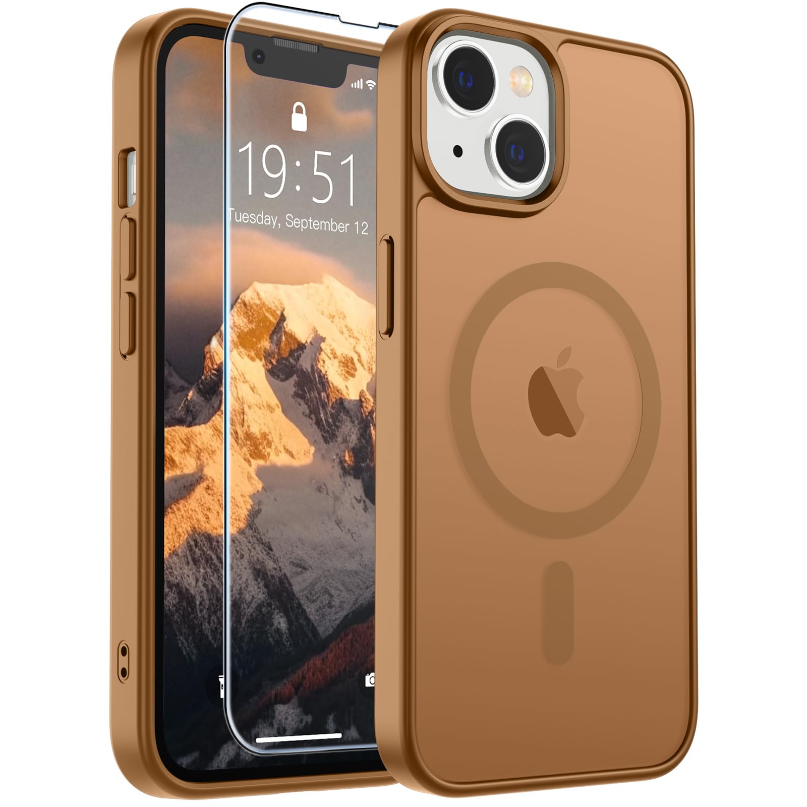 SUPFINE Magnetic for iPhone 13 Case/iPhone 14 Case Brown | With Screen Protector, Translucent Matte, Compatible with MagSafe, Military Grade Drop Proof, Rugged Shockproof Protective
