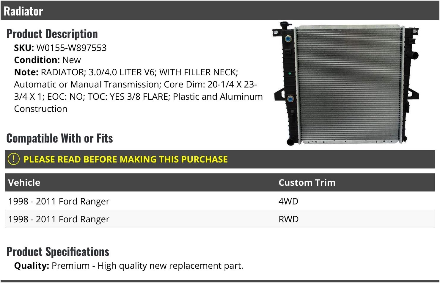 Radiator with Filler Neck and Transmission Oil Cooler - Compatible 1998-2011 Ford Ranger 3.0L 4.0L V6