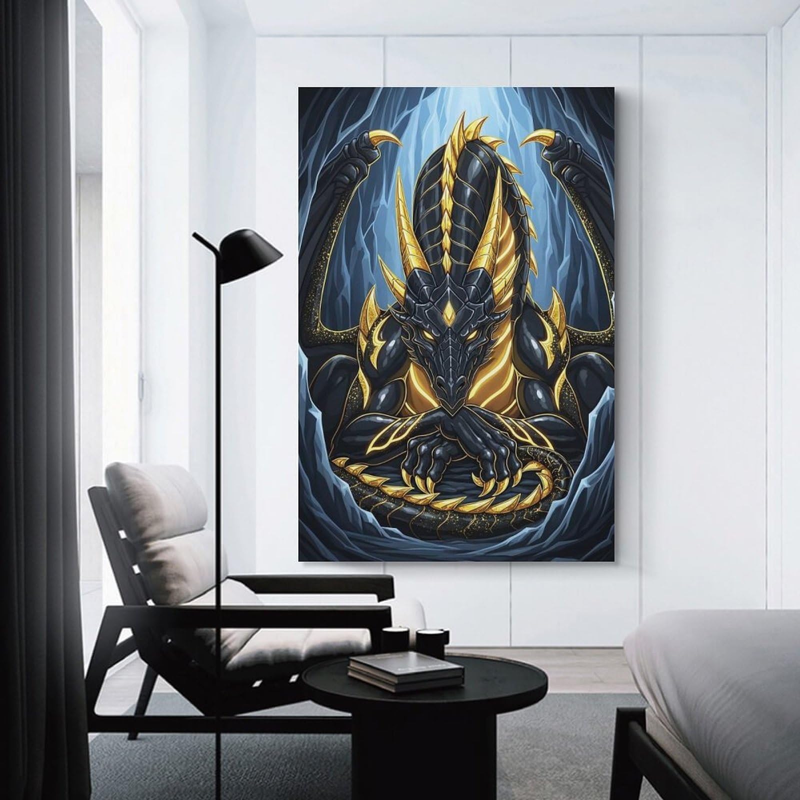 Junmoney Unframe-Style-12-1 Black And Gold Dragon In Cave Wall Picture Print 20X30inch(50X75cm), For Bedroom Decor, Cosy Corners Or Studios, Home Artwork With A Soft Interior Feel