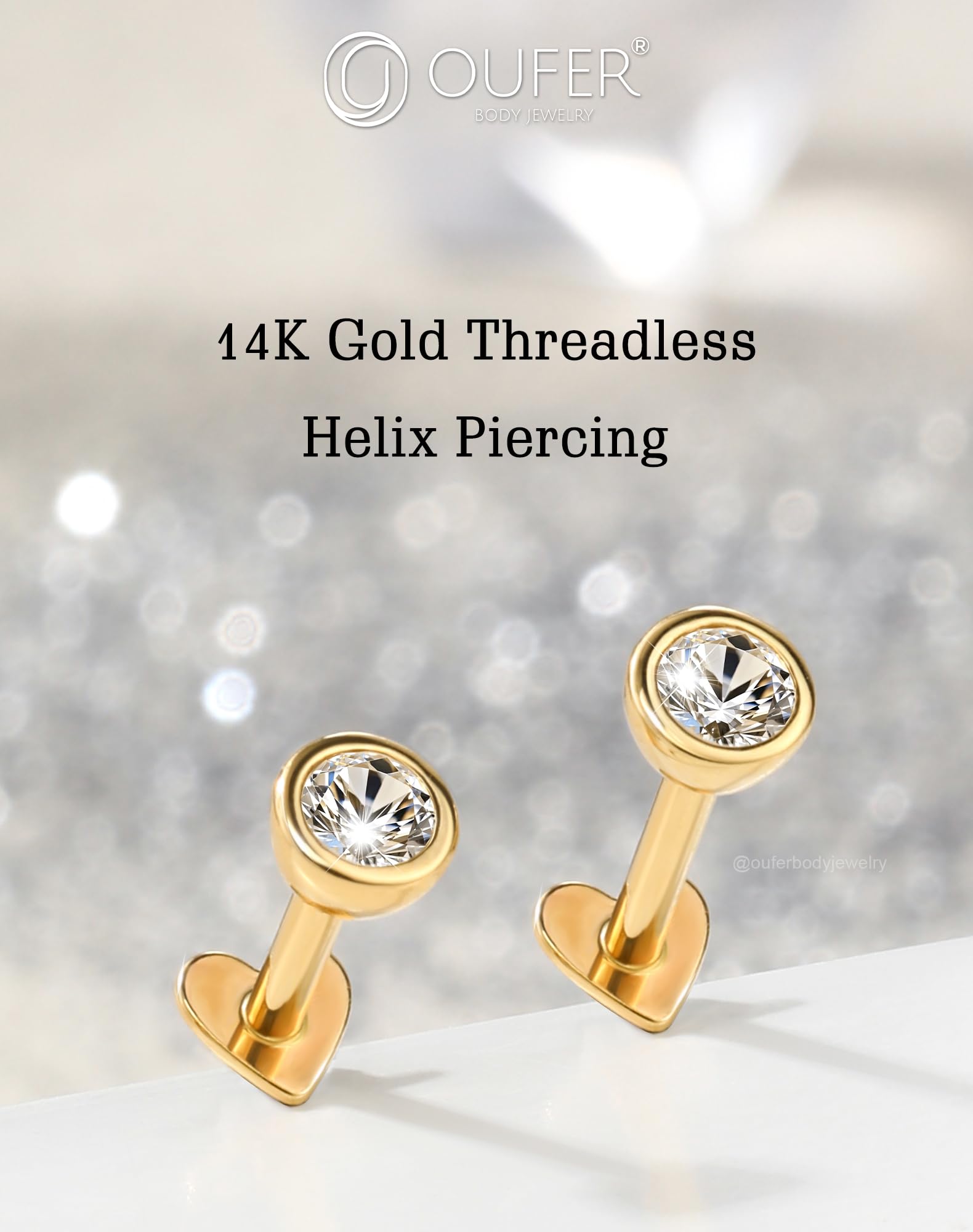 OUFER Body Piercing Threadless 14K Gold Helix Earrings 16G Labret Piercing Jewellery Heart Push in Lip Stud Bar Clear CZ Tragus Conch Piercing Cartilage Earrings