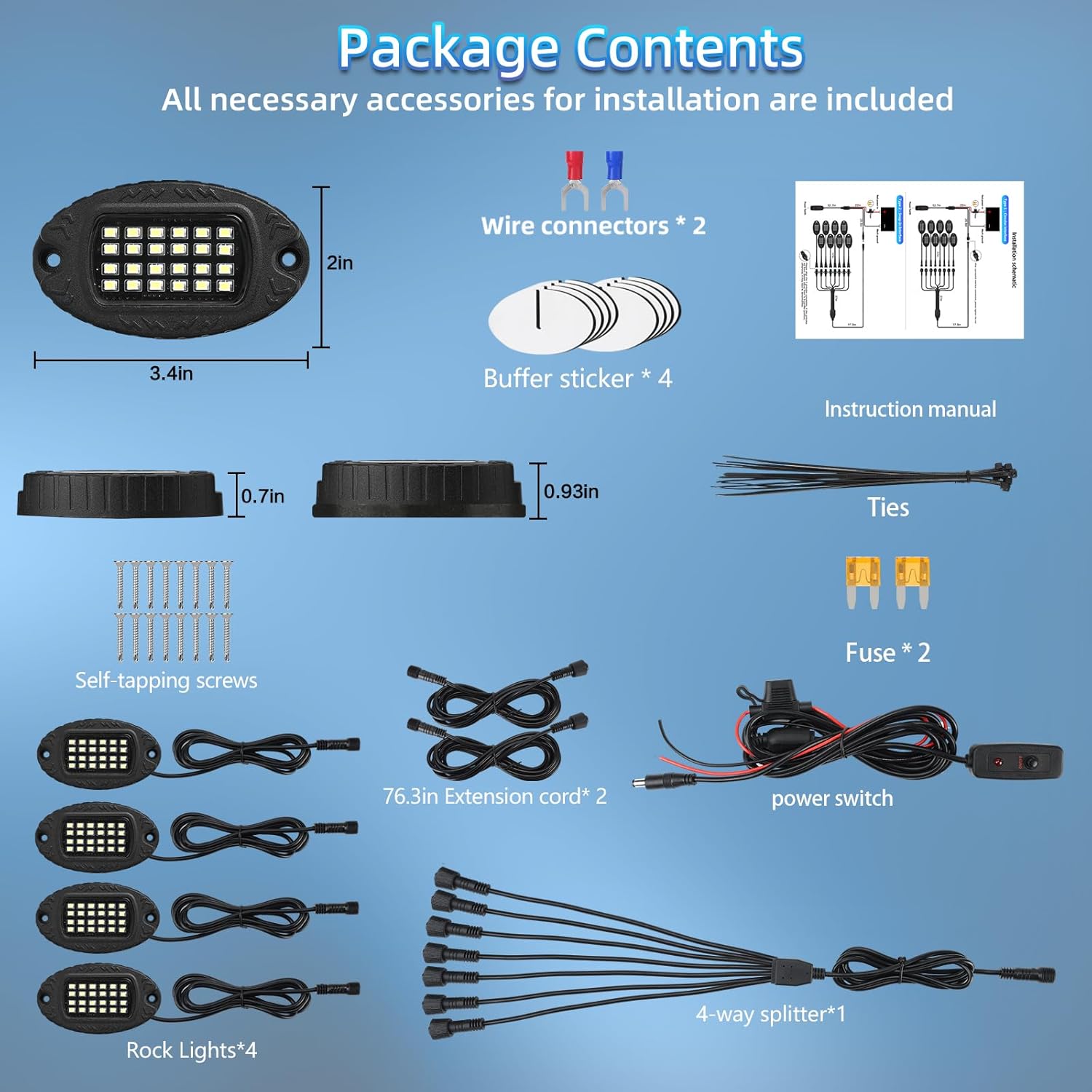 4Pods Aluminum Housing Plug and Play All Pure White LED Rock Lights Kit with Switch Harness Wiring Extension,Quick Connect 6500K Metal Underglow 12V Waterproof for ATV UTV SXS RZR Offroad Four Wheeler