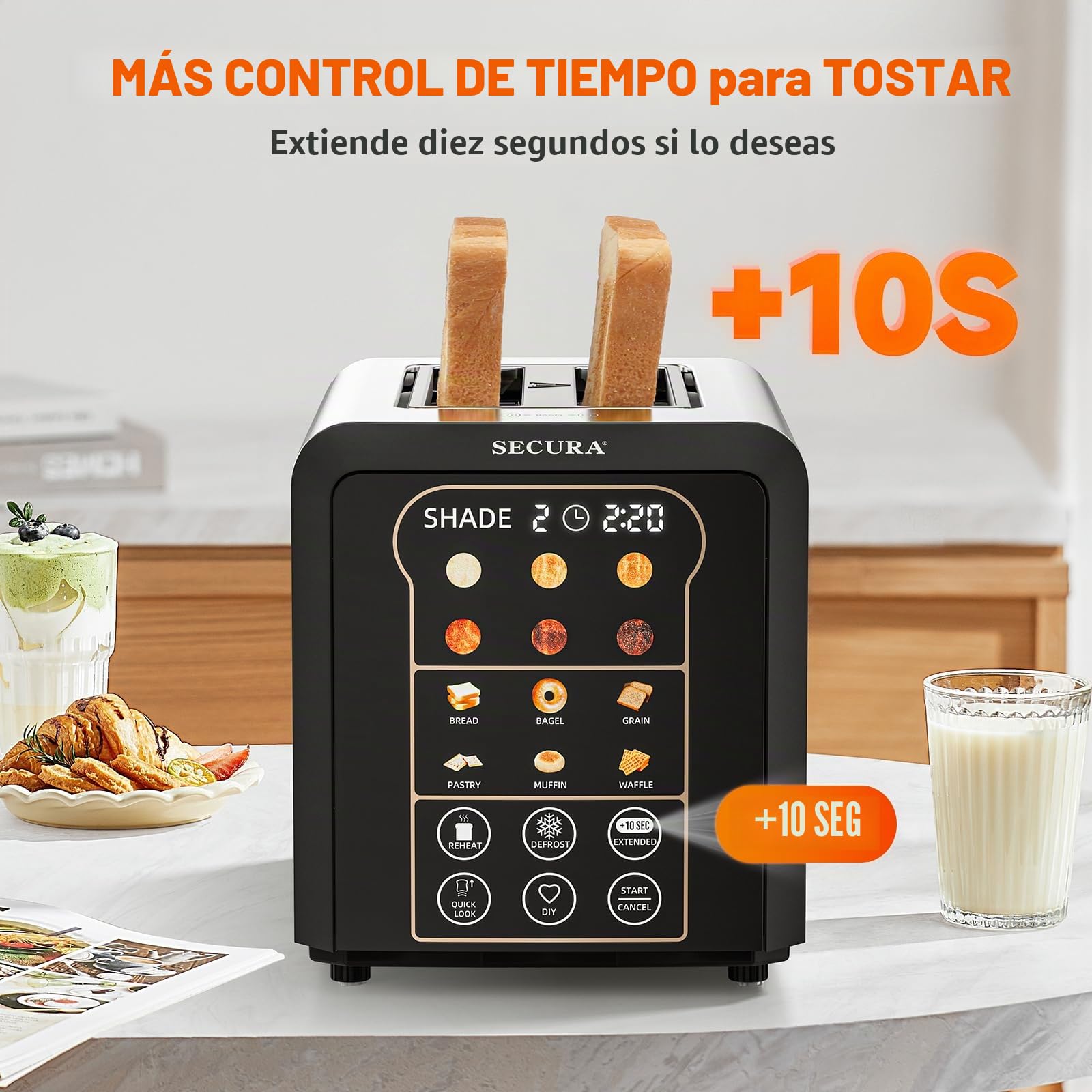 Secura tostador inteligente de 2 rebanadas con visualización táctil de elevación y bajada automática, cuenta regresiva digital, ranuras anchas para tostar paneles, panes, gofres y más 6 niveles de