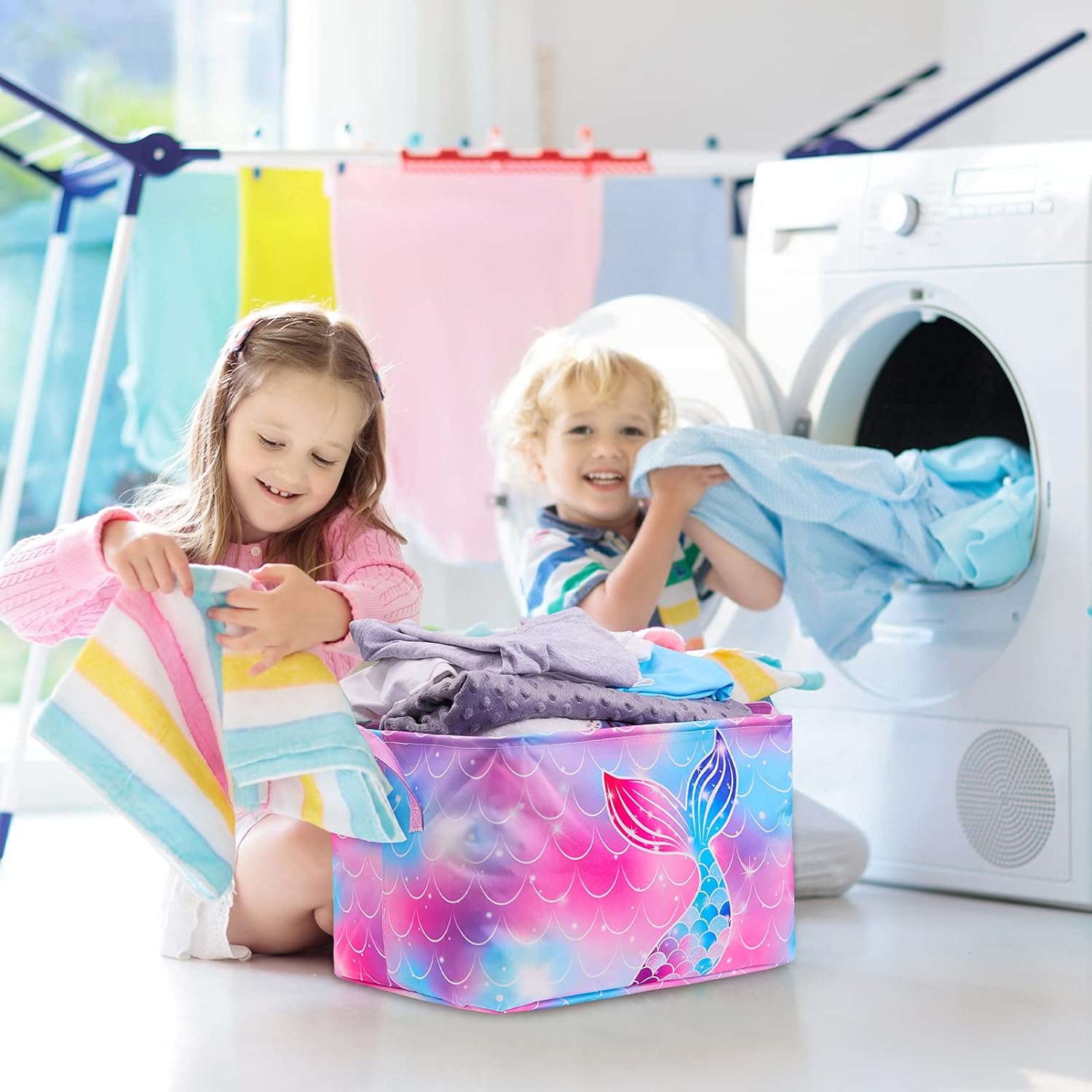 Basumee Mermaid Storage Bin Kids Laundry Hamper Rectangular Laundry Basket Girls Collapsible Storage Boxs with Handles for Clothes Toys Closet Storage Containers for Nursery Room : Everything Else