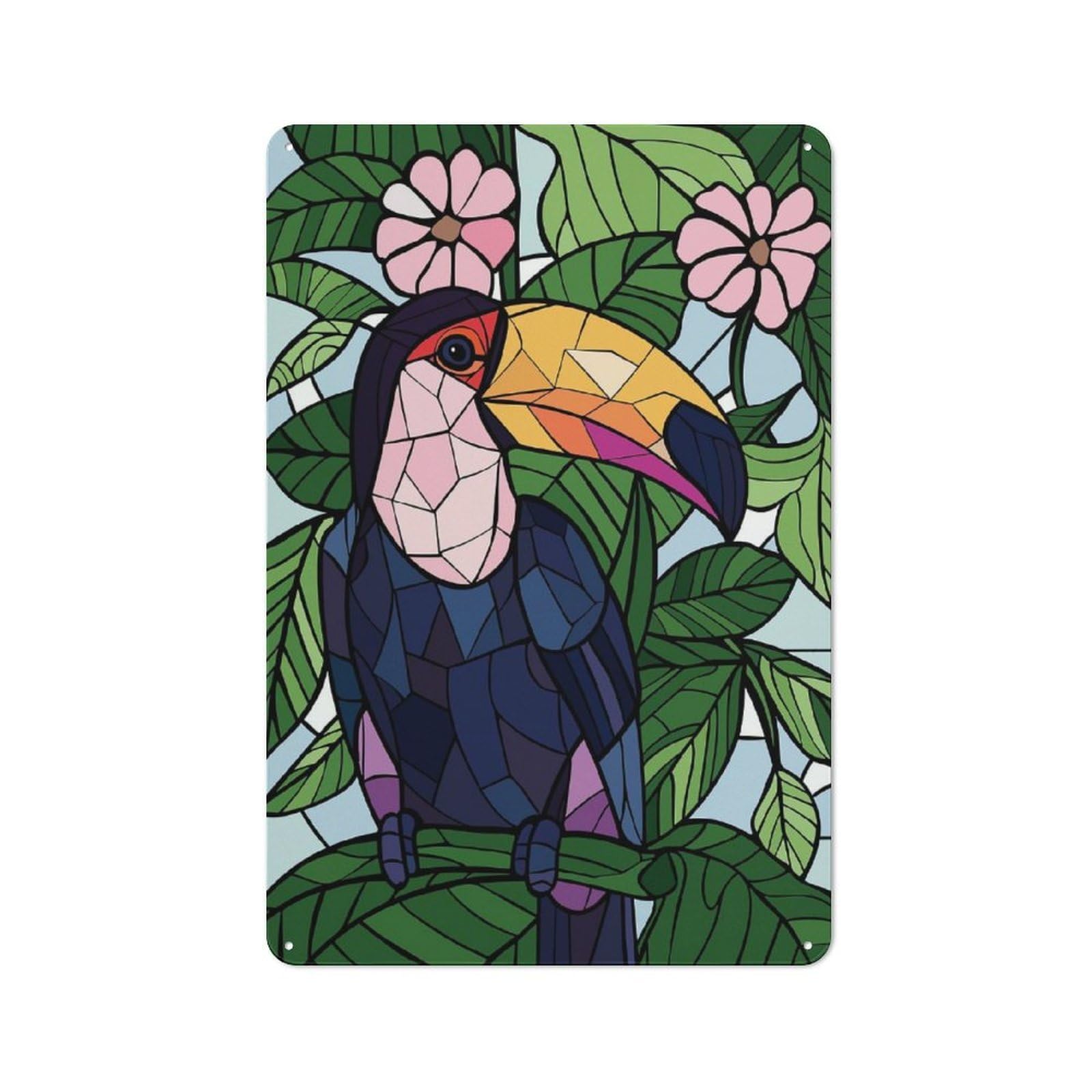 Junmoney Style-17 Retro Metal Wall Sign 30X20cm With Toucan In A Tropical Setting For Hallway Wall, Suited To Hallway Decor Lovers