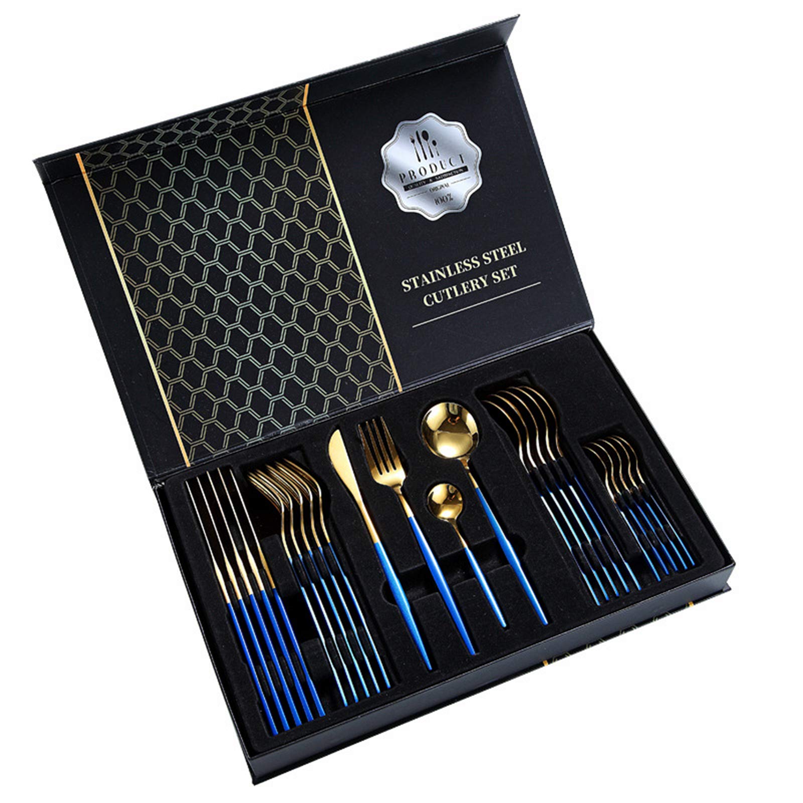 rismart Acero Inoxidable 24 Piezas De Cuberteria Utensilios Cubiertos Vajilla Incluso Mesa Cuchillo, Cucharas de Café, Tenedores Oro Azul