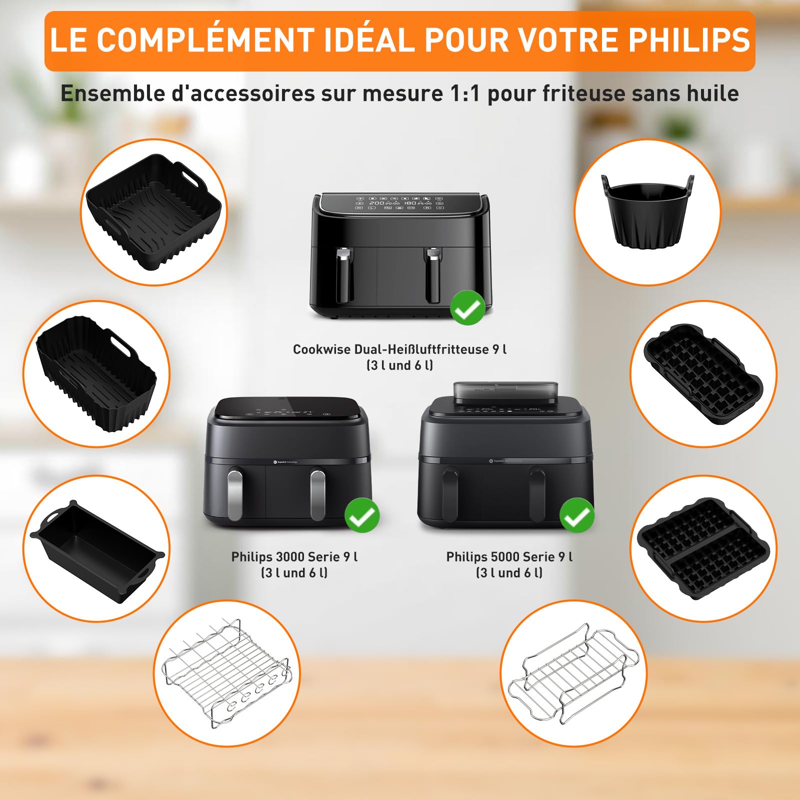 Accessoires pour Philips Dual Basket Airfryer 3000 & 5000 (9L) - Kit de 12 Pièces pour NA350/00, NA352/00, NA550/00 - Moules en Silicone (6L/3L), Grille de Cuisson, Moules à Muffins et Gaufres