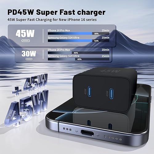 Super Fast Samsung Charger Type C,45W Dual Port USB C Fast Charger Block [2-Pack] & Extra Long 60W 3/6/10/10FT USB C Cable - PD Quick Charging 3.0 For Samsung Galaxy S25 Ultra/S24+/S23 iPhone 16(Black,3FT+6FT+10FT+10FT)