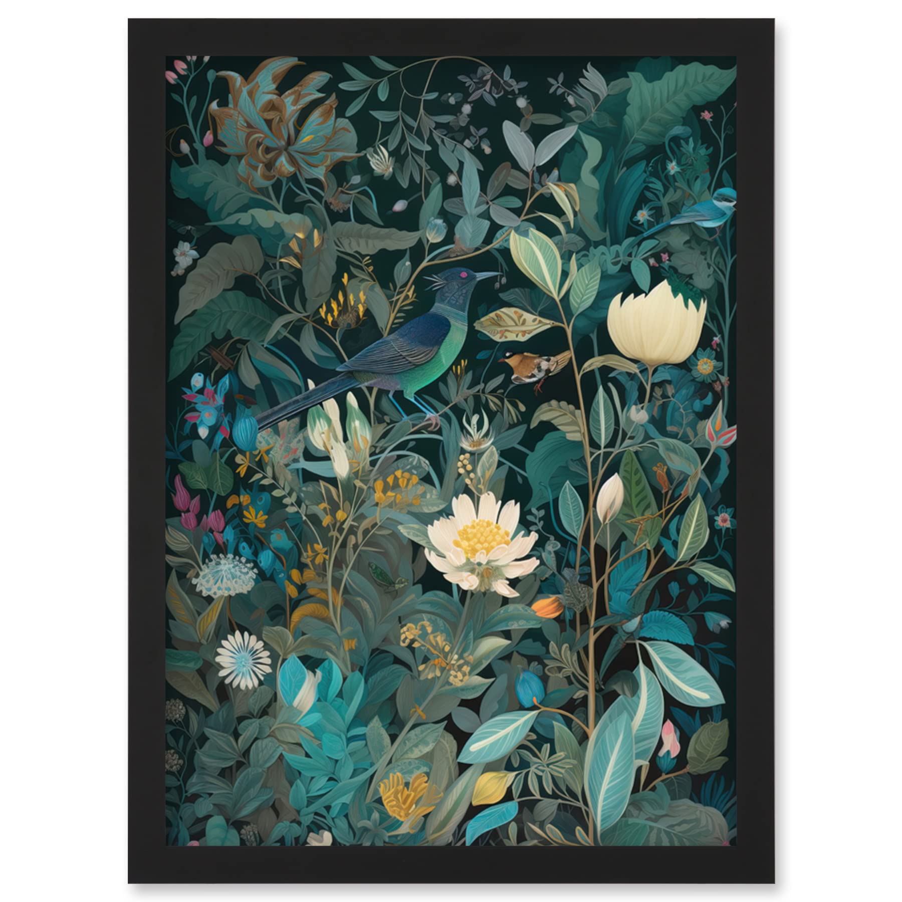 Artery8 Audubon Style Birds in Blooming Wildflower Field Artwork Framed Wall Art Print A4