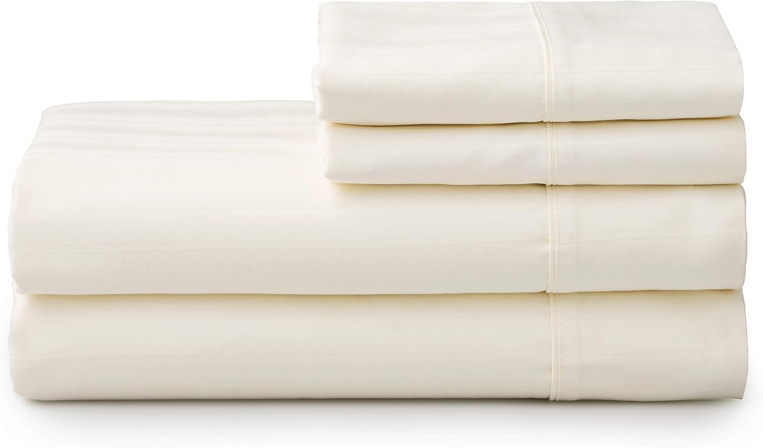 Welhome 500 Thread Count Full Size 100% Cotton Striped Sateen Sheet - Set of 4 - Breathable - Soft - Deep Pocket - Easy Fit - Ivory
