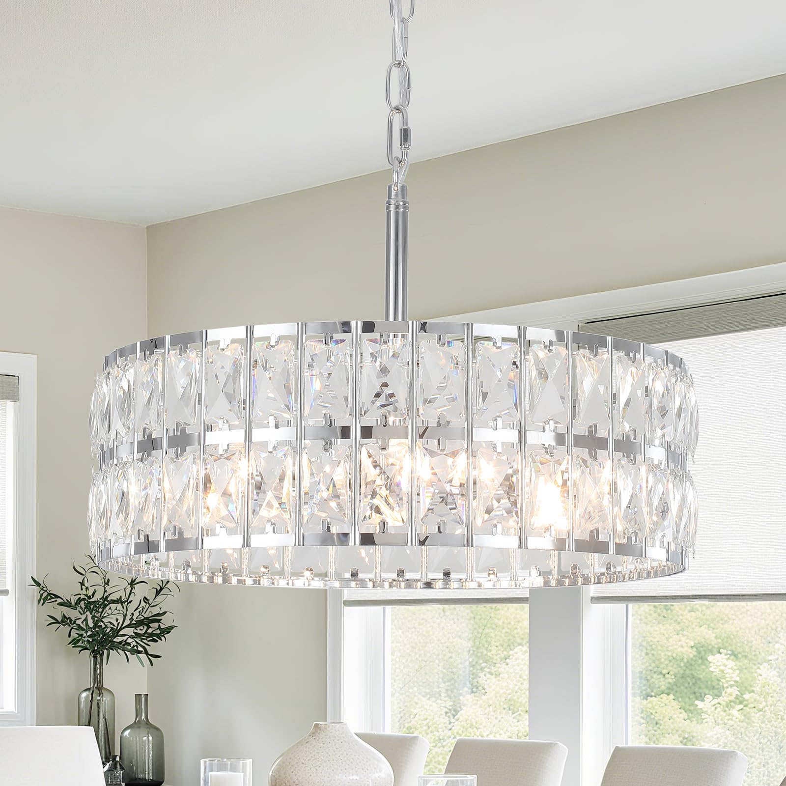 JHLBYL Crystal Chrome Ceiling Light, 5-Light Modern Dining Room Silver Chandelier with E14 Dimmble Socket, Adjustable Height Hanging Industrial Pendant Lights for Kitchen Island, Living Room, Bedroom