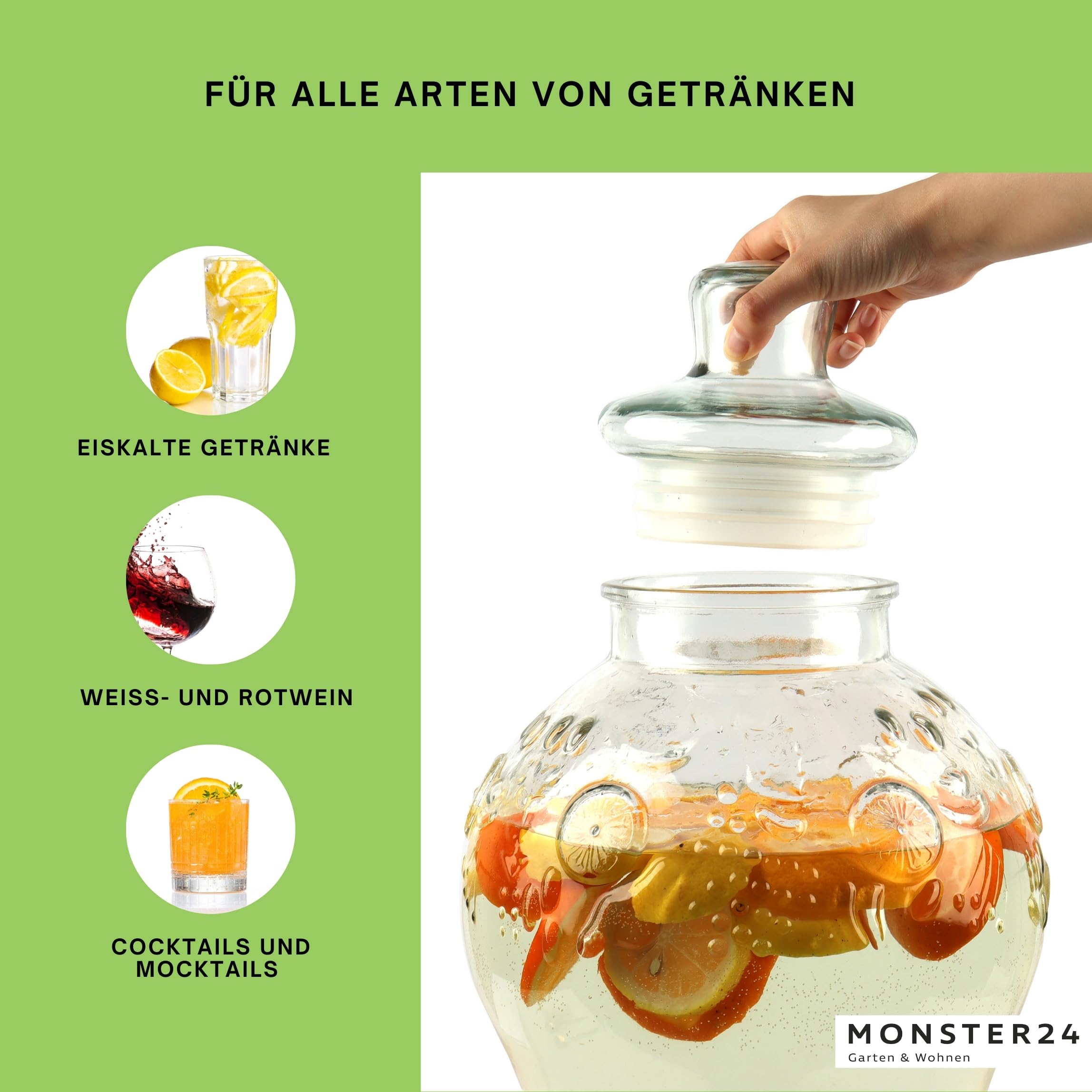 Monster24 10 Liter Getränkespender mit tropfsicherem Zapfhahn aus Edelstahl – Wasserspender, Bowle-Gefäß aus Glas mit stabilem Metallständer und Glasdeckel – BPA-freier Limonadenspender
