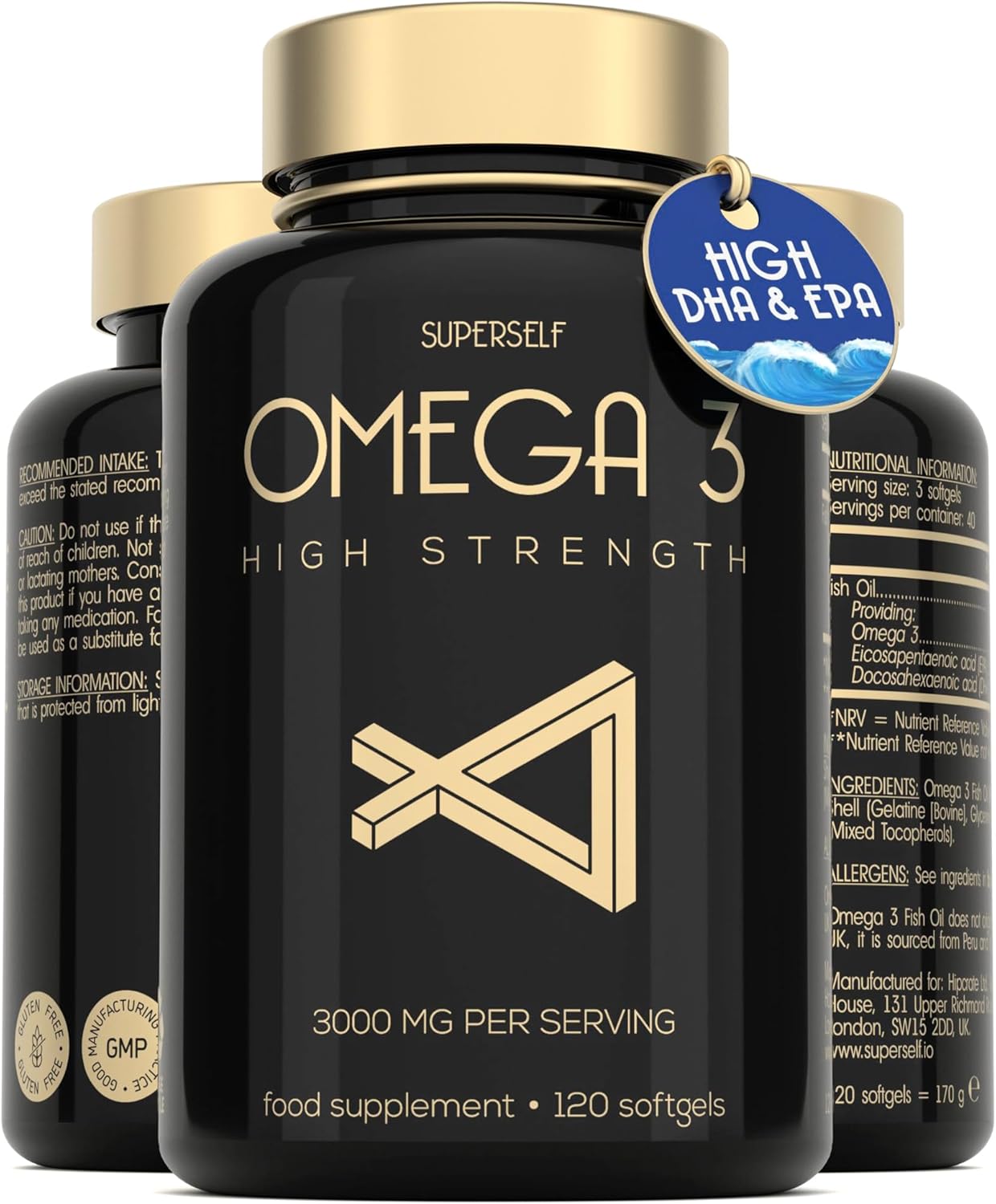 Fish Oil Omega 3 Capsules High Strength – 3000mg Triple Potency – Easy to Swallow with No Fishy Aftertaste – 120 Softgels – UK Made Omega 3 Supplements High in DHA & EPA – Pure & Sustainable Fish Oil