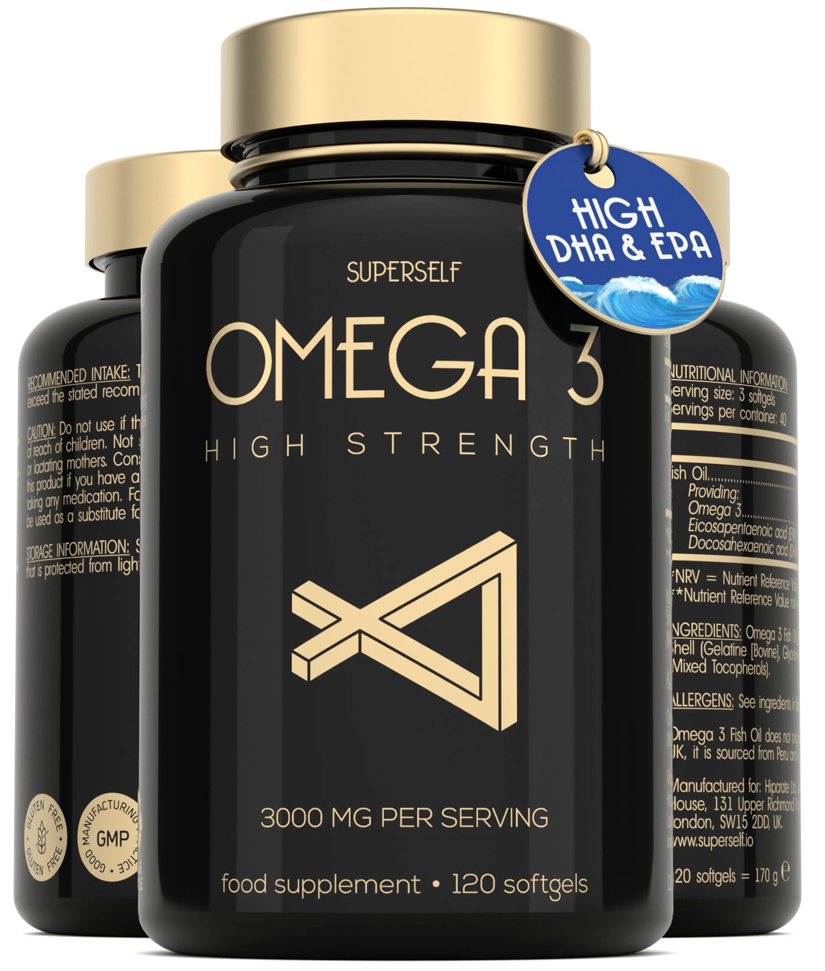 Fish Oil Omega 3 Capsules High Strength - 3000mg Triple Potency - Easy to Swallow with No Fishy Aftertaste - 120 Softgels - UK Made Omega 3 Supplements High in DHA & EPA - Pure & Sustainable Fish Oil