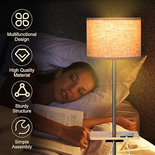 Miniatura 8 de Tangkula Lámpara de pie moderna con mesa de bandeja, lámpara de pie 3 en 1 para interiores con pantalla de tela de lino y mesa de bandeja de madera