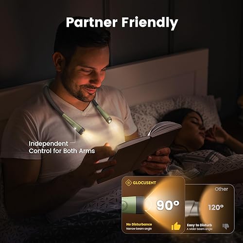 Vista 24 de Glocusent - Luz de lectura para el cuello, 3 colores, 6 niveles de brillo, brazos flexibles, recargable, larga duración, perfecta para leer