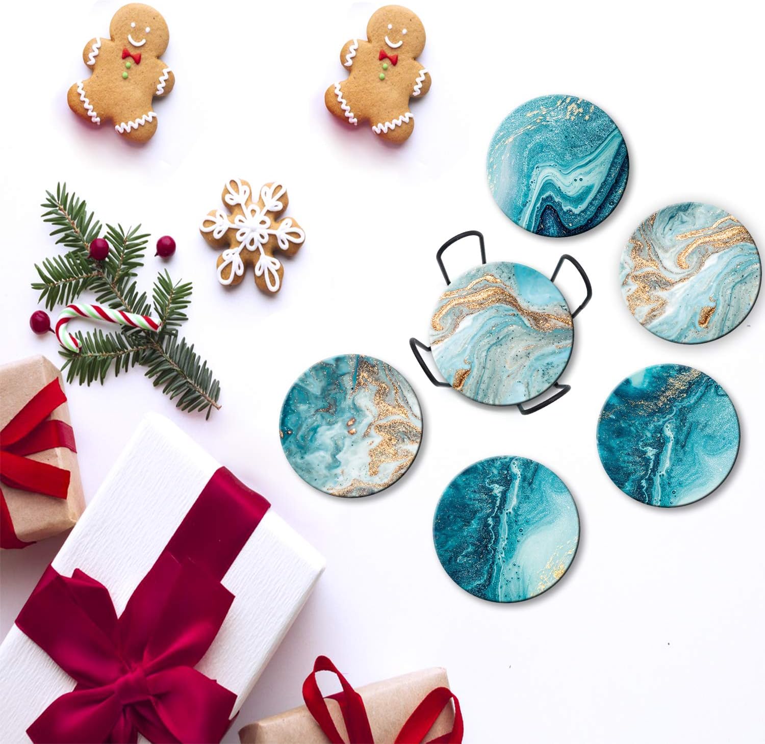 Dooke Coasters for Drinks, Round Absorbent Ceramic Stone Coasters Set of 6 with Cork Base,Funny Coaster with Holder for Cold Drinks Wine Mugs and Cups Tabletop Protection, 4 Inches,Teal Marble - Image 6