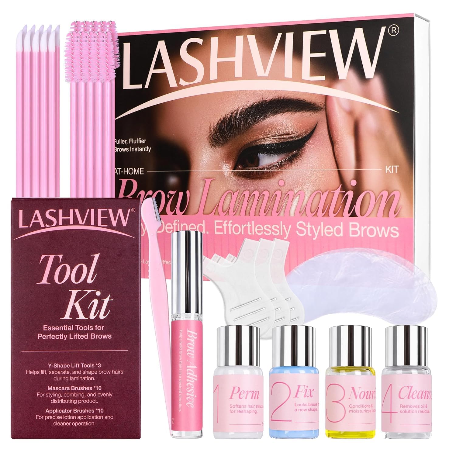 LASHVIEW Brow Lamination Kit - DIY Eyebrow Lamination Kit Professional Eye Brow Perm Kit At Home Instant DIY Eyebrow Lift Kit for Fuller Thicker Brows Lasts For Upto 8 Weeks pink