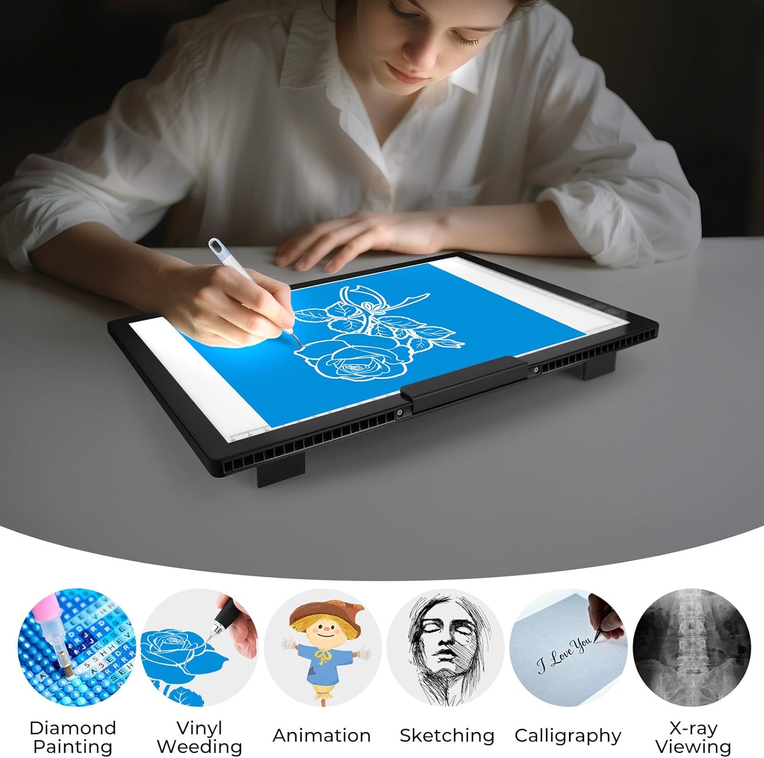 Bylitodt Cordless A4 Light Pad, Diamond Art Light Board with Stand, Tracing Box with 6 Brightness, Artist Tracing Table for Drawing, Weeding Vinyl, Sketching, Animation, Diamond Painting Accessories