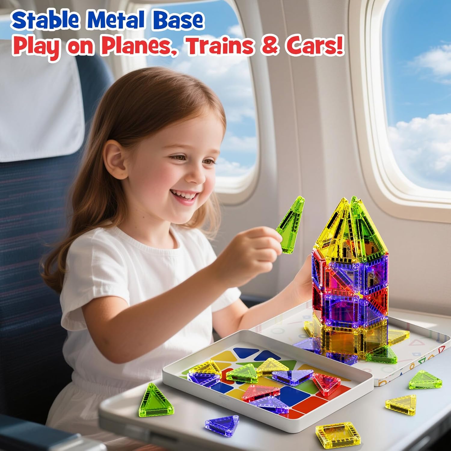 Mini Magnetic Tiles Travel Kit for Kids Ages 3-8, 60pcs Portable Magnetic Building Blocks with Visual Storage Guide & Metal Play Base, STEM Sensory Toys for Preschool Learning
