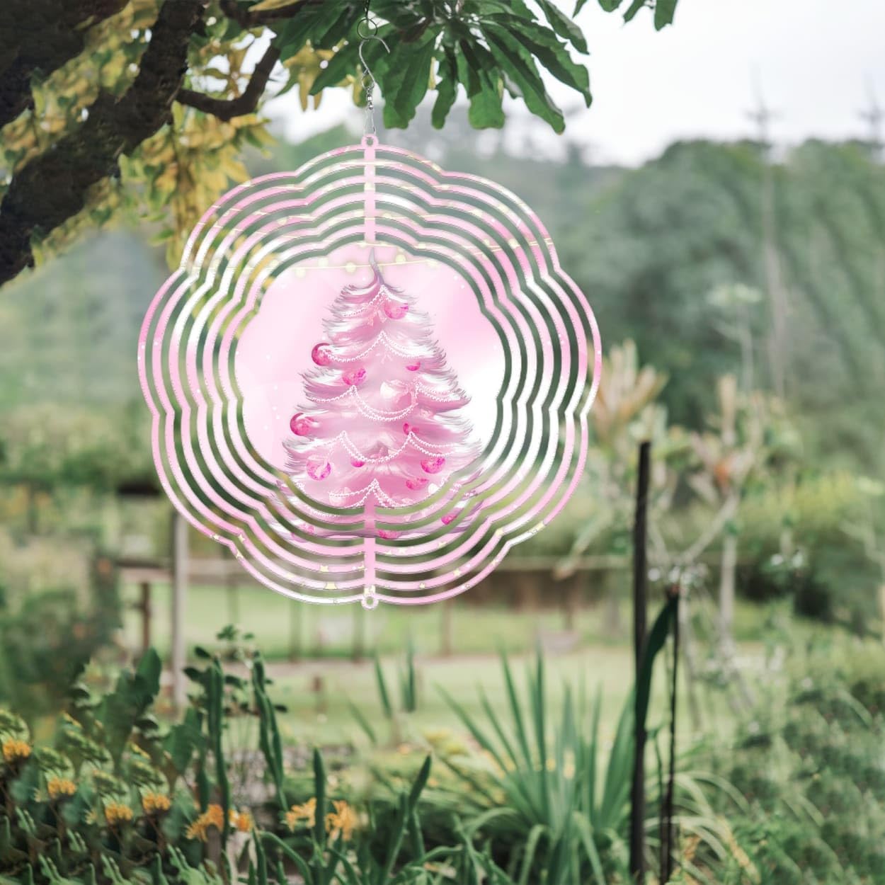 Pink Christmas Pine Tree Christmas Wind Spinners 3D Stainless Steel Laser Cut Metal Double Sided Printing-Hanging Indoor/Outdoor Decorations Yard Gardening Decor,Metal Kinetic Art 14x14 inches