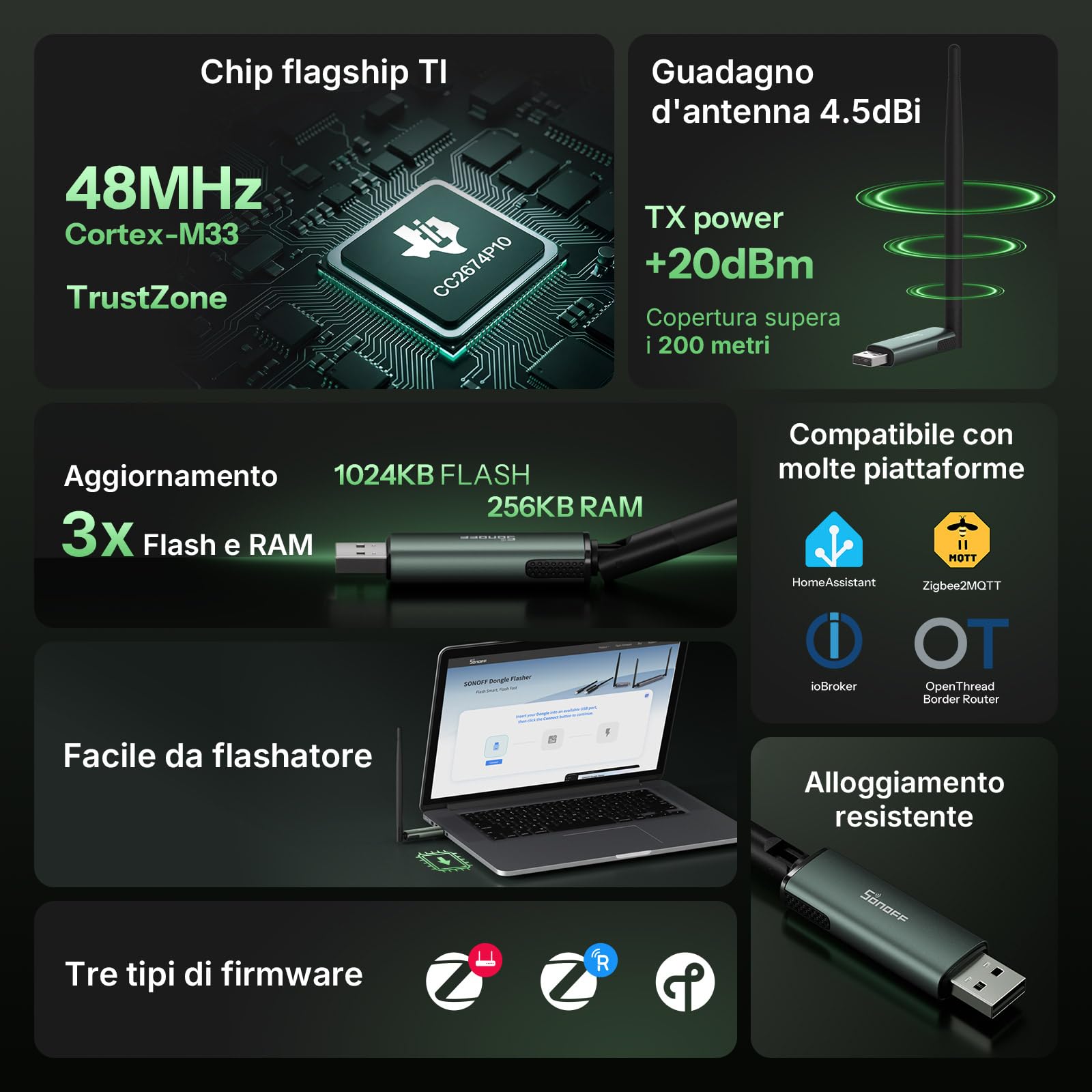 SONOFF Zigbee USB Dongle Plus CC2674P10 (Dongle-PP10) | Zigbee Gateway & Thread Border Router con chip TI CC2674P10, multi-protocollo Open Source ZHA in Home Assistant & Zigbee2MQTT