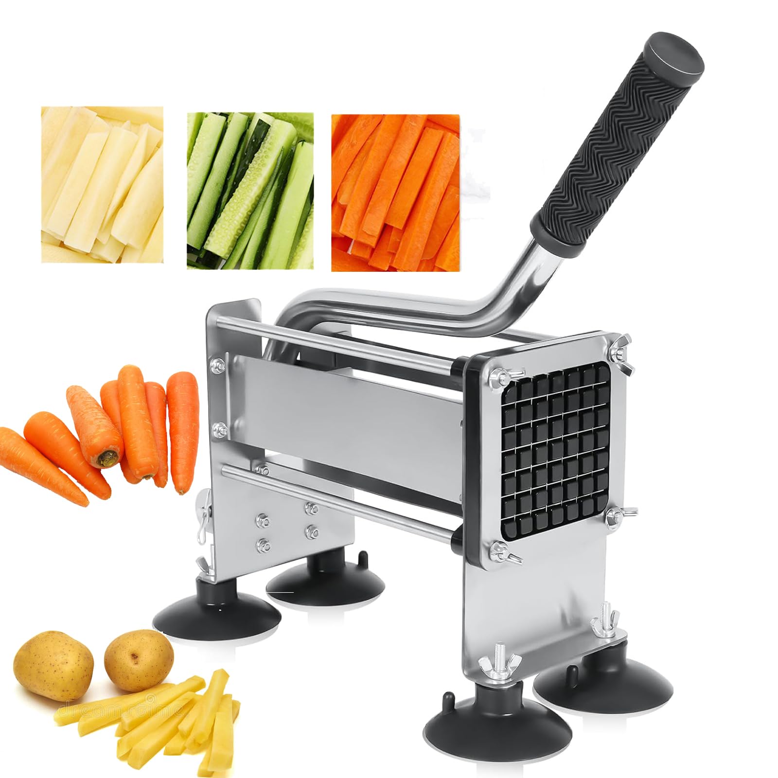 YXYLJOZ Professional French Fry Cutters - Stainless Steel Potato Chipper with Suction Base, Fast Cutting, Large Box & Extended Handle for Potatoes, Onions, Carrots, Cucumbers (12mm)