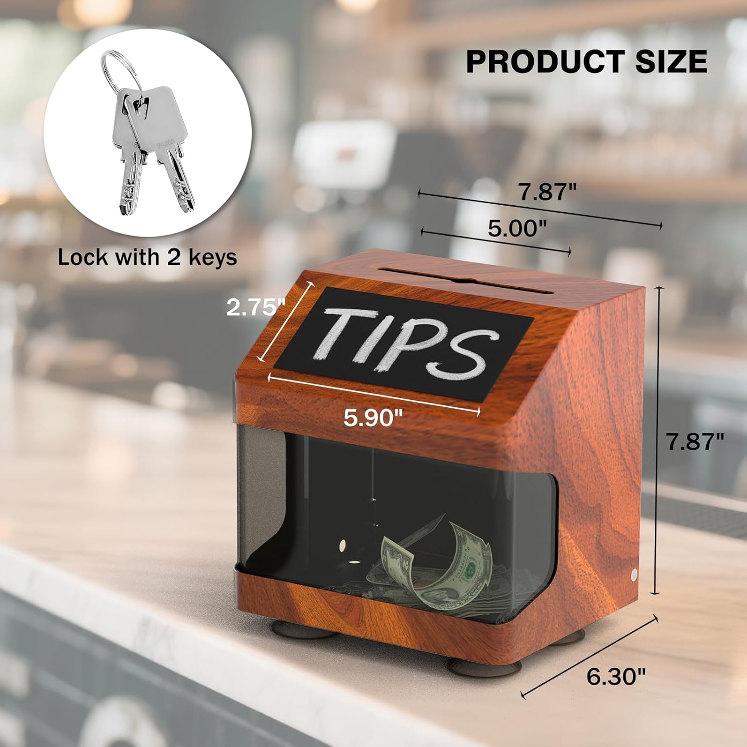 POCHAR Metal Tip Box - Tip Jar with Lock & Keys - Suggestion Box Offering Prayer Voting Boxes with Chalkboard Label, Locking Latch - Grain Pattern Donation Boxes for Fundraising Church, 7.9" x 6.3"