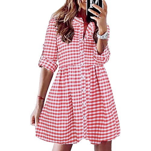 FANCYINN Women's Gingham Stand Collar Shirt Dress Button Down Casual Long Sleeve Tie Sleeves Mini Plaid Shirt Dresses