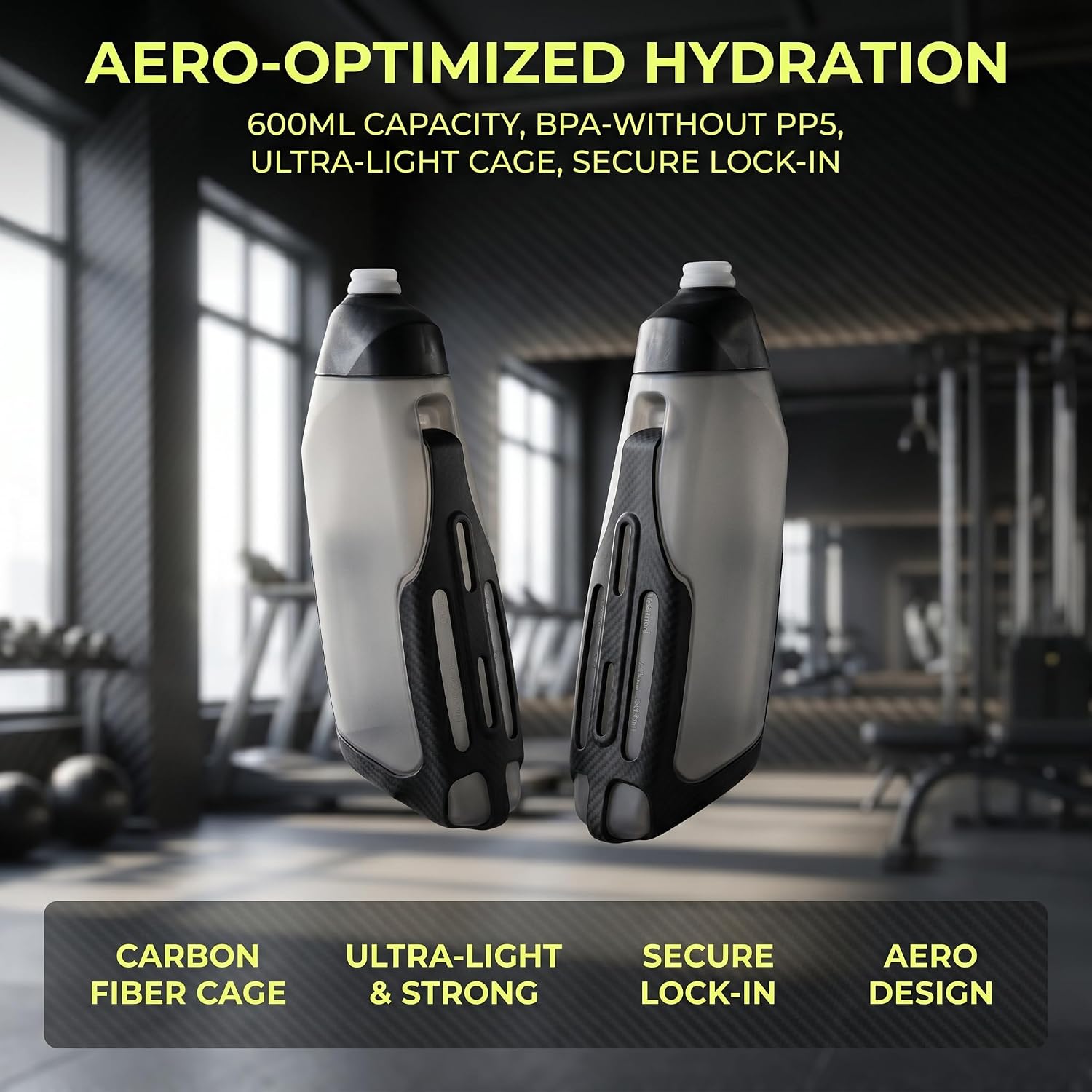 600ml Bike Water Bottle with Carbon Cage for Road Mountain Bicycle Cycling | BPA-free leakproof sip nozzle, aerodynamic lightweight frame mount, tool-free install for long-distance riding hydration
