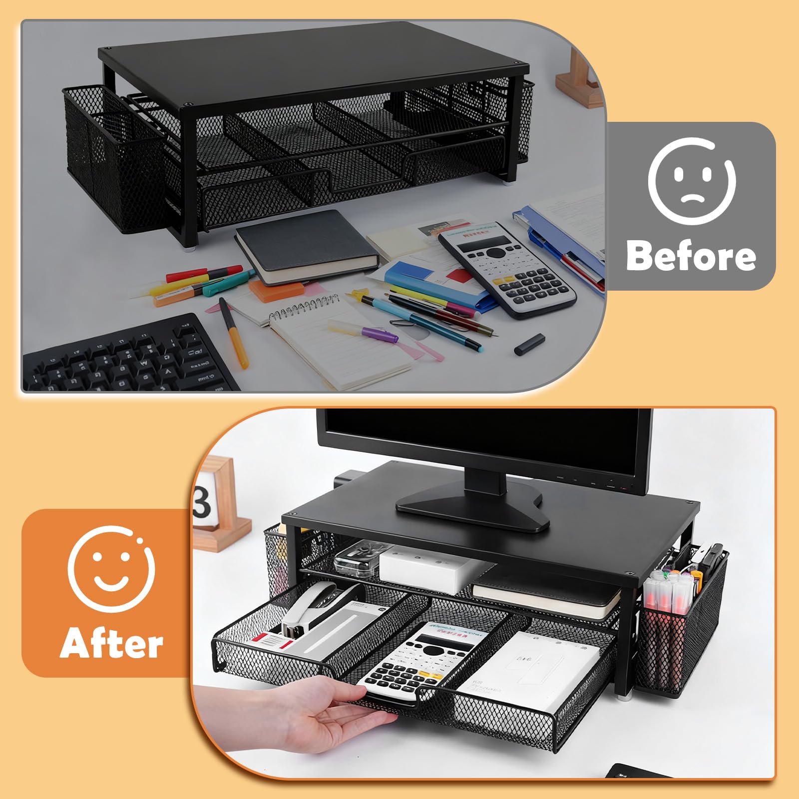 Supporto per monitor regolabile in altezza con portapenne, organizer da ufficio in metallo robusto, ripiano da scrivania per laptop, tastiera, monitor, spazio per accessori da ufficio
