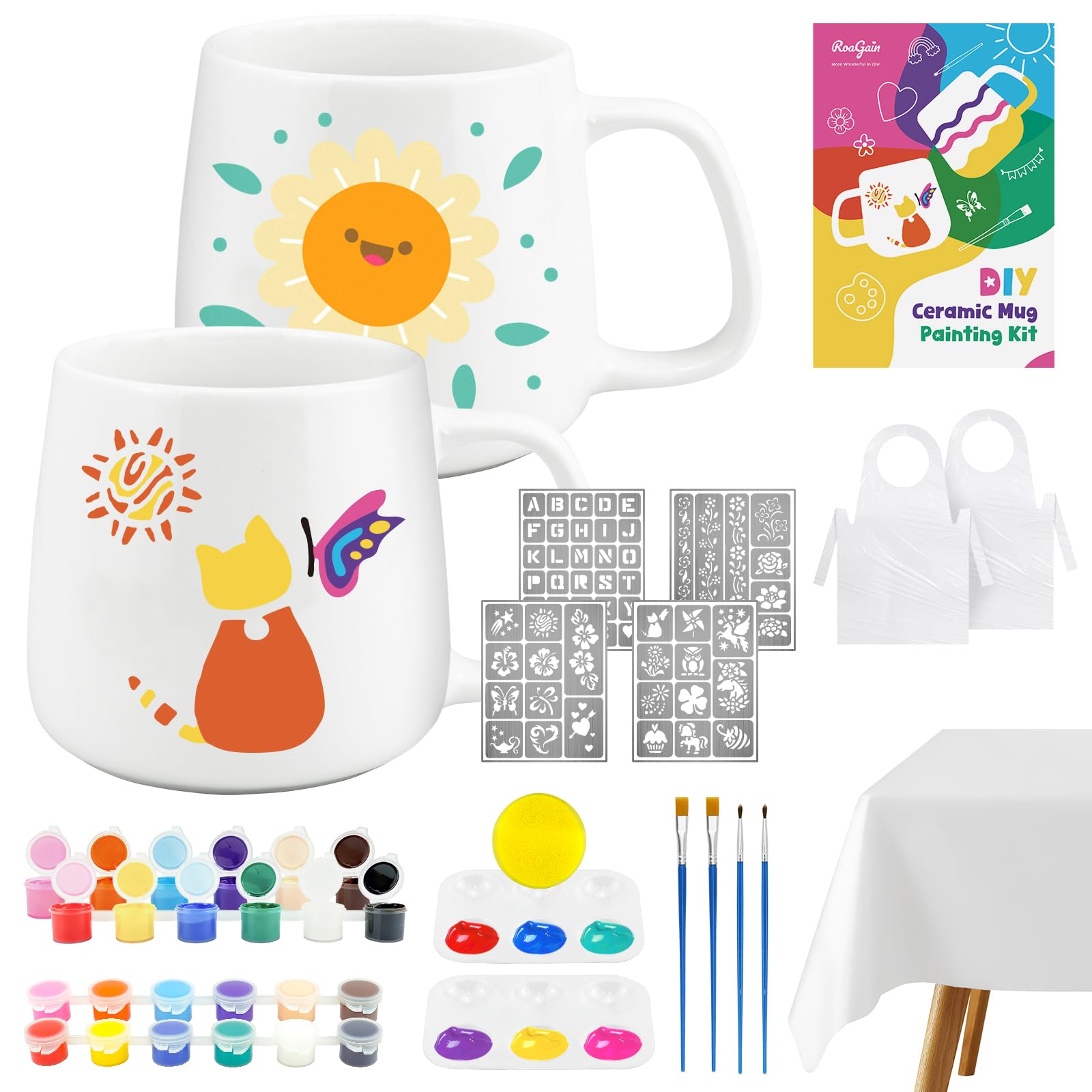 RoaGain Pottery Painting Kit for Adults – 2 Mugs, 12 Paints & 6 Stencils
