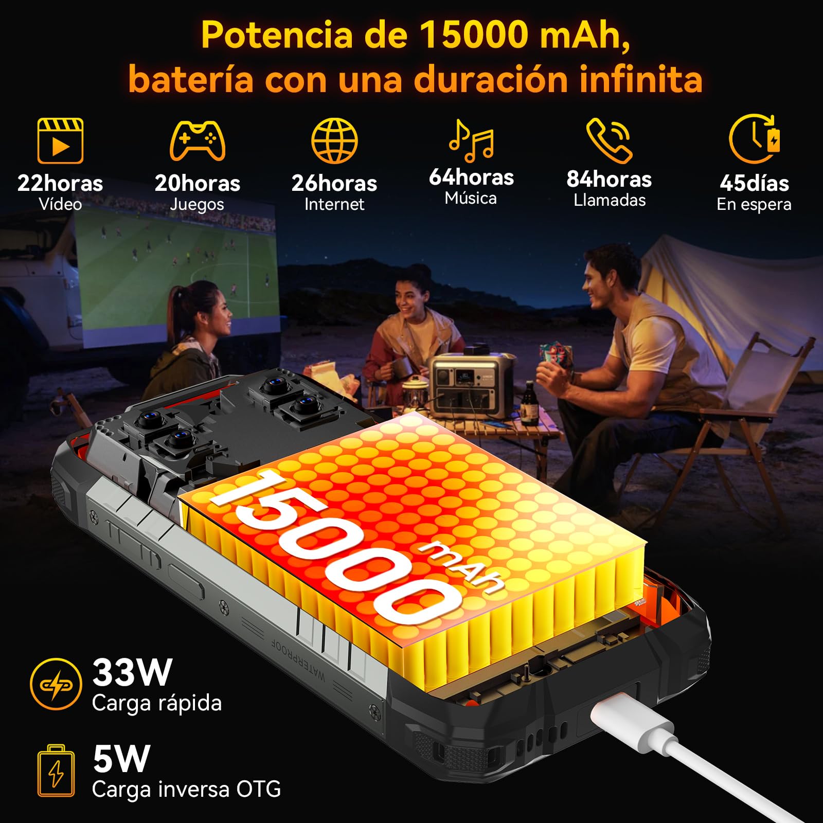 Blackview Rock 1 Android 16 Móvil Resistente 15000mAh, Móvil Irrompible para Aventureros y Senderismo, Doble Pantalla, 24GB+256GB, Visión Nocturna 20MP, Gemini AI, NFC, 3 Años de Garantía