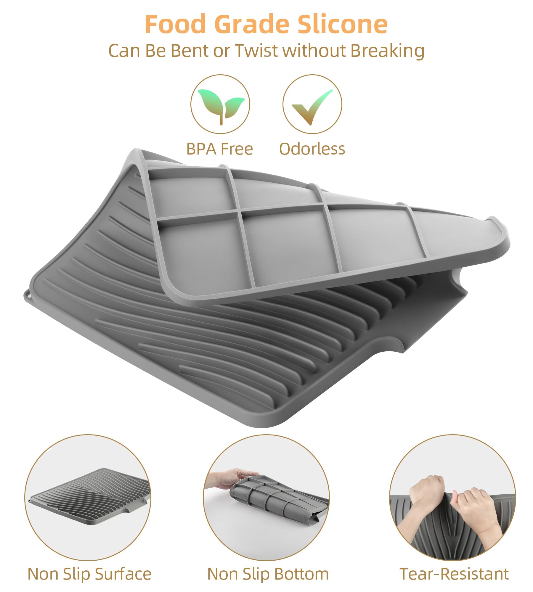 Fuyit Silicone Dish Drying Mat with Raised Drain Lip, Inclined Design, 16