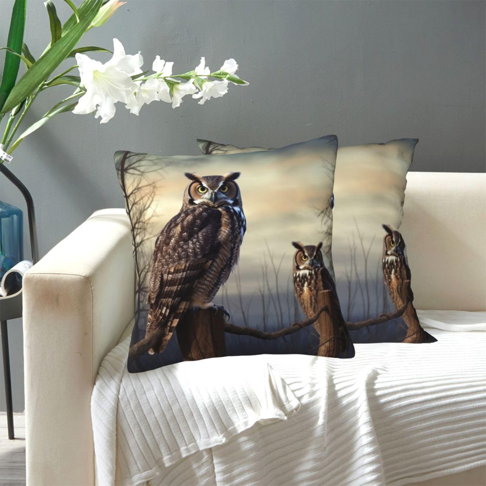 FekiLoot Decorative Throw Pillow Covers Modern Farmhouse Pillowcase Double Sided Cozy Cushion Cover for Sofa Couch Bed 16"X16" Owl Sitting Tree Fence