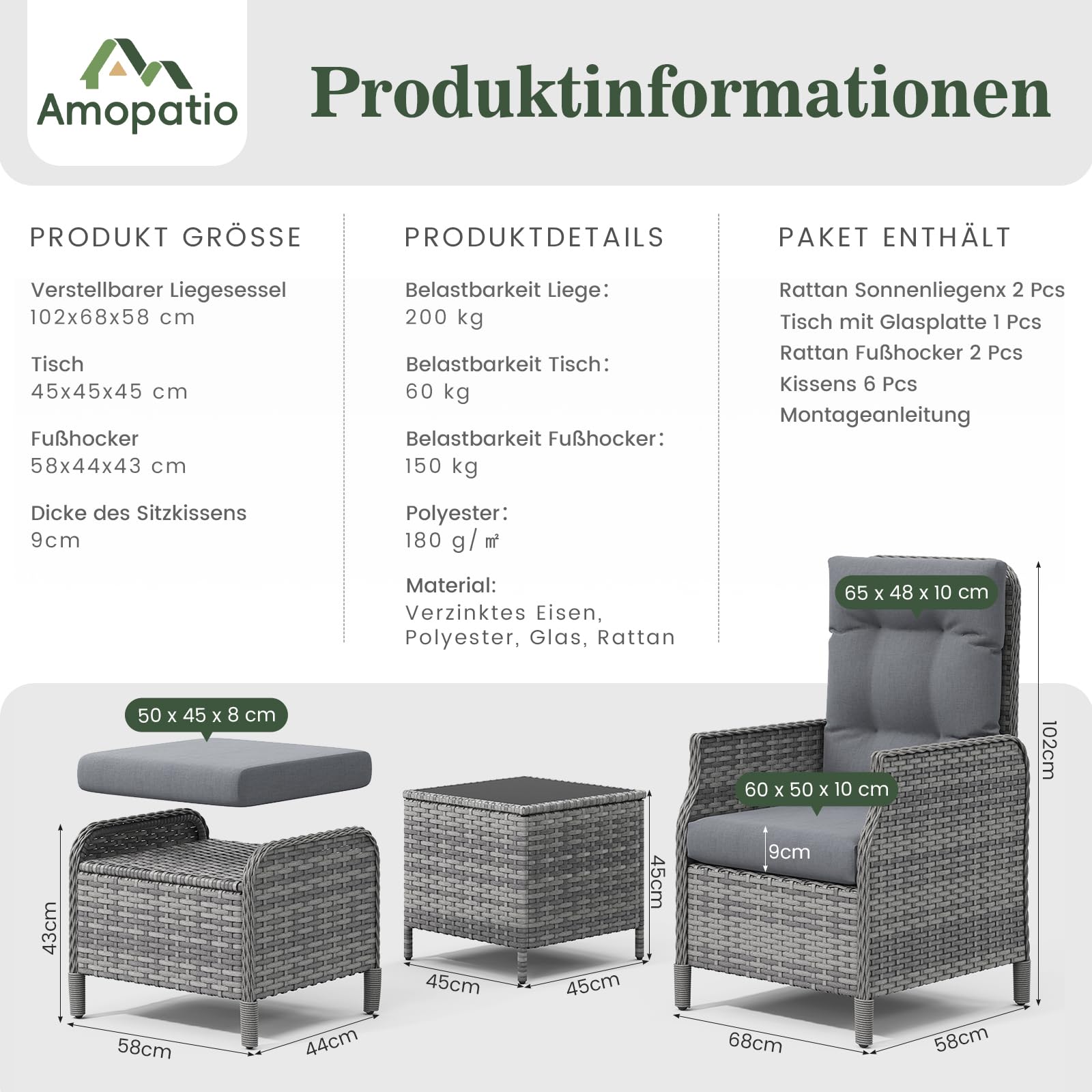 Amopatio Rattan Gartenmöbel Set mit 2 Verstellbarem Rattan Sessel, 2 Hocker & Glastisch, Wetterfest Lounge Möbel Outdoor mit Softkissen, für Garten,Terrasse & Balkon, Grau-meliert & Dunkelgraue Bezüge